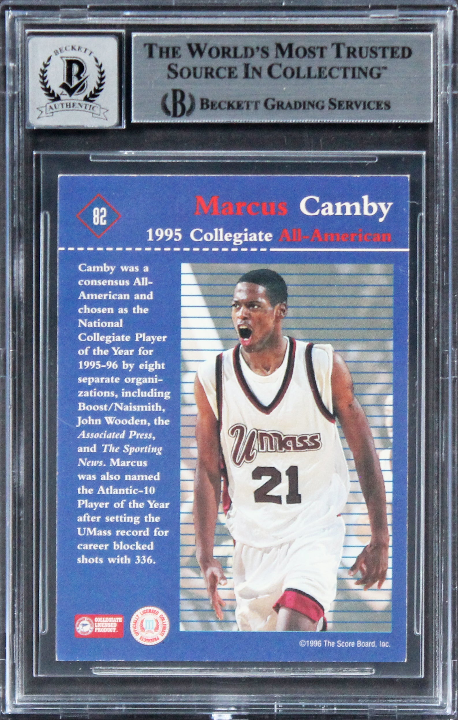 Raptors Marcus Camby Signed 1996 Score Board #82 Rookie Card Auto 10! BAS Slab