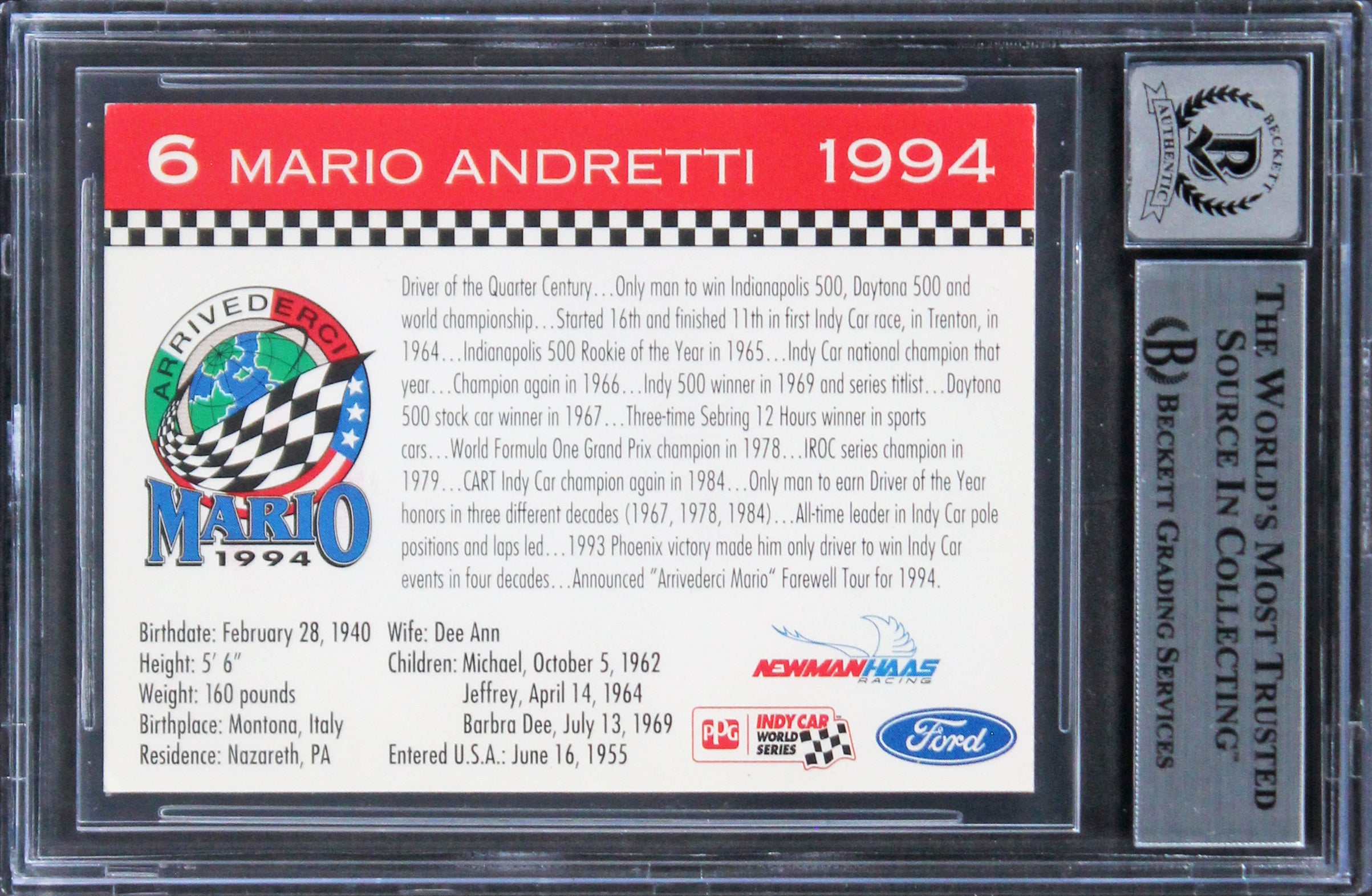 Mario Andretti NASCAR Authentic Signed 1994 K-Mart #1 Card Auto 10! BAS Slabbed