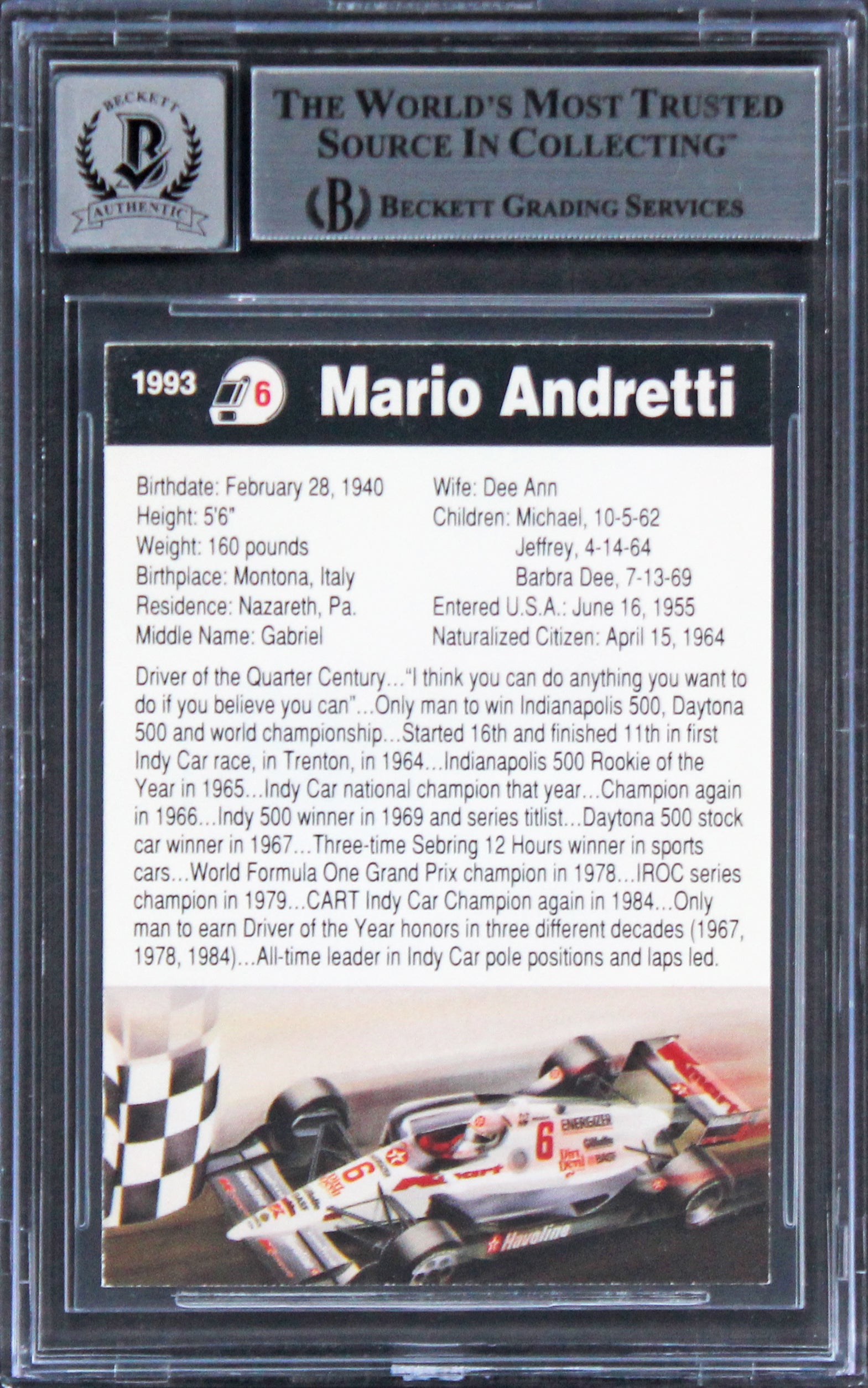 Mario Andretti NASCAR Authentic Signed 1993 K-Mart #1 Card Auto 10! BAS Slabbed