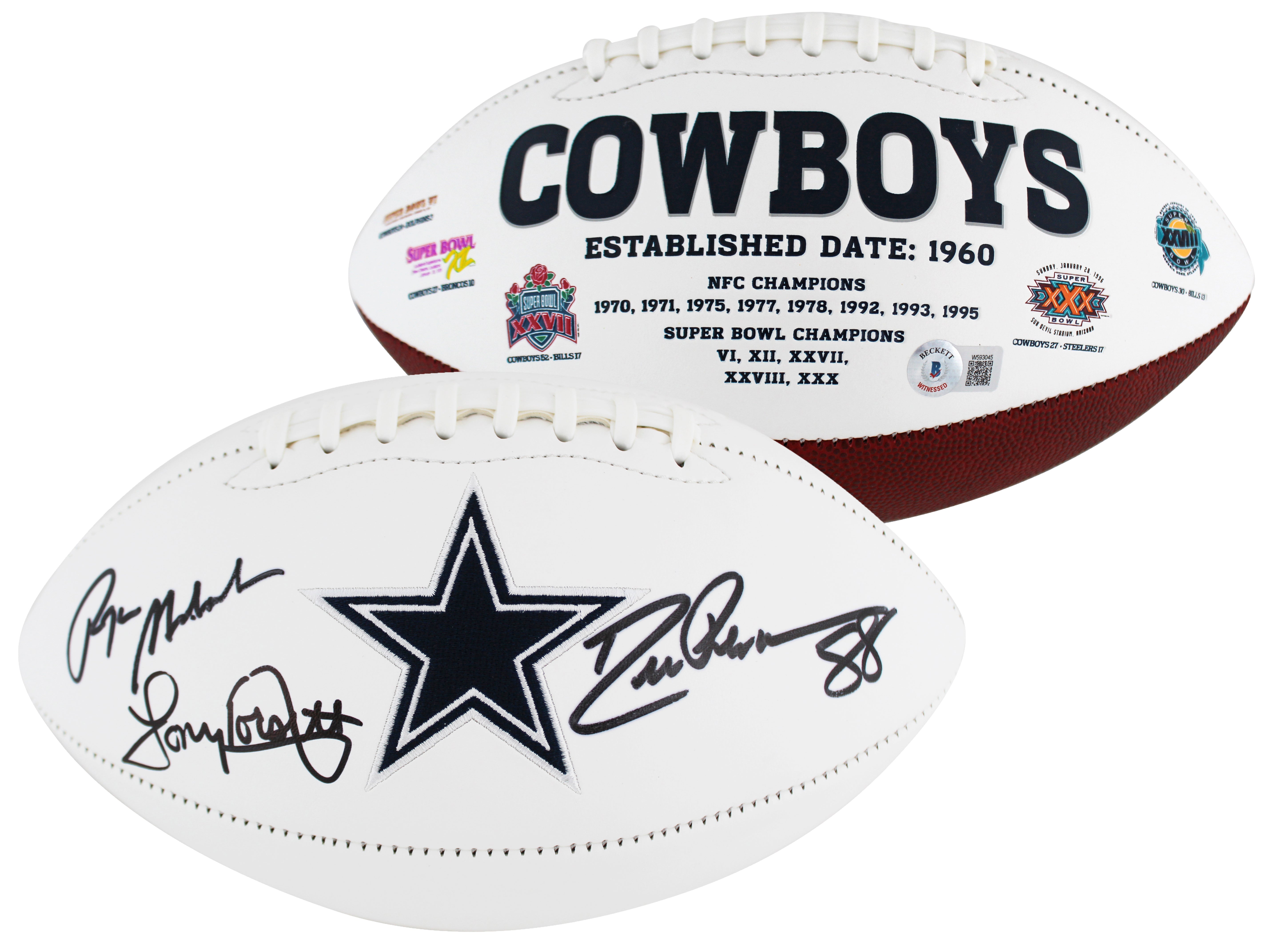 Cowboys (3) Staubach, Dorsett & Pearson Signed White Panel Logo Football BAS Wit