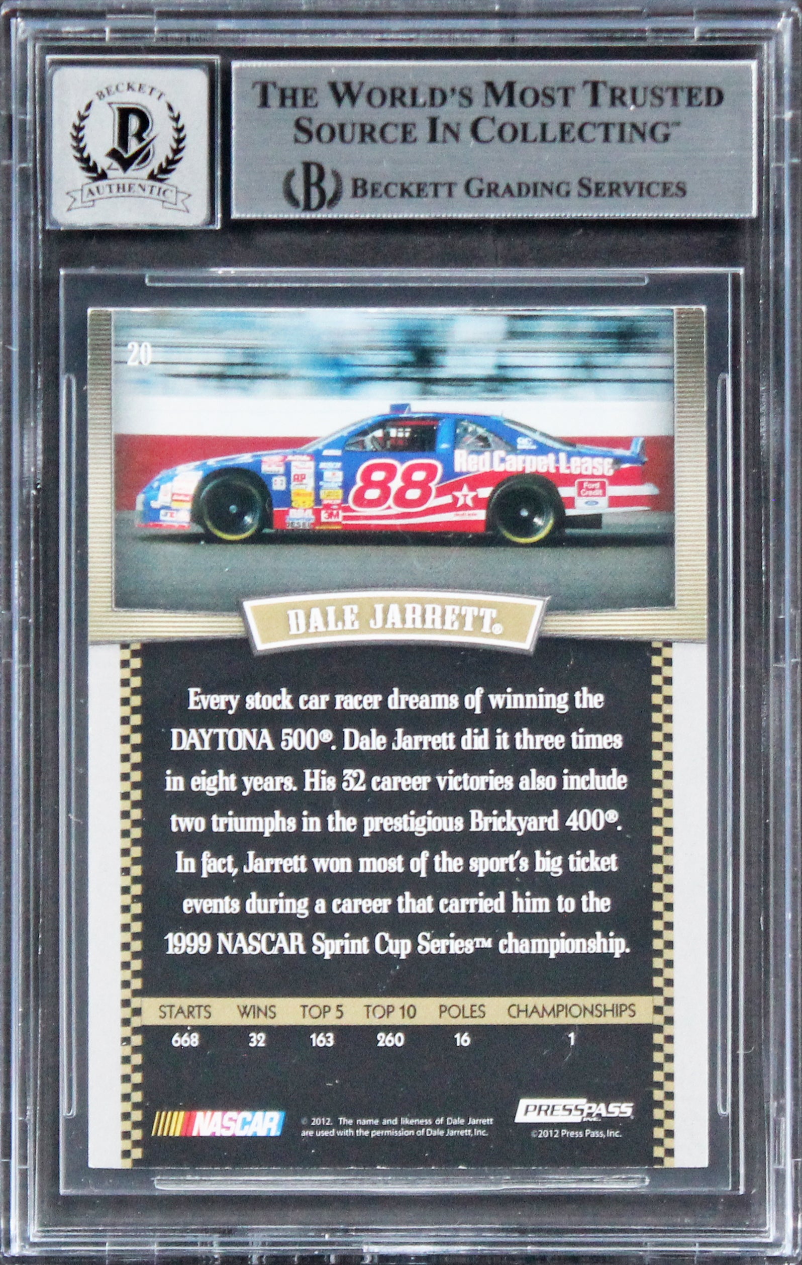 Dale Jarrett "HOF" Signed 2012 Press Pass Legends Gold #20 Card Auto 10 BAS Slab