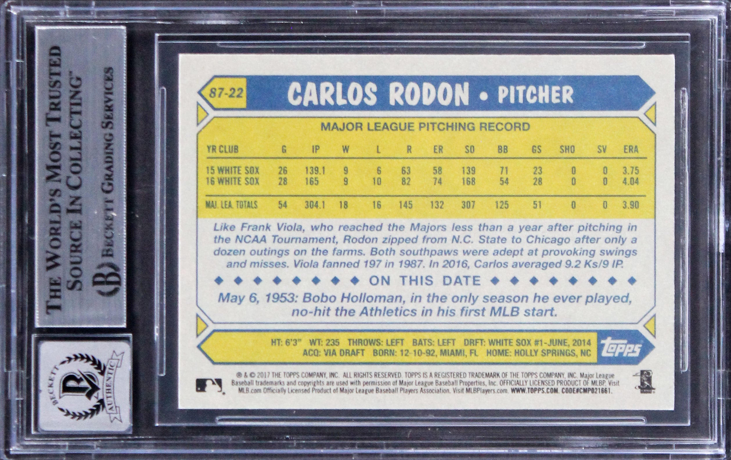 White Sox Carlos Rodon Signed 2017 Topps '87 Topps #8722 Card Auto 10! BAS Slab