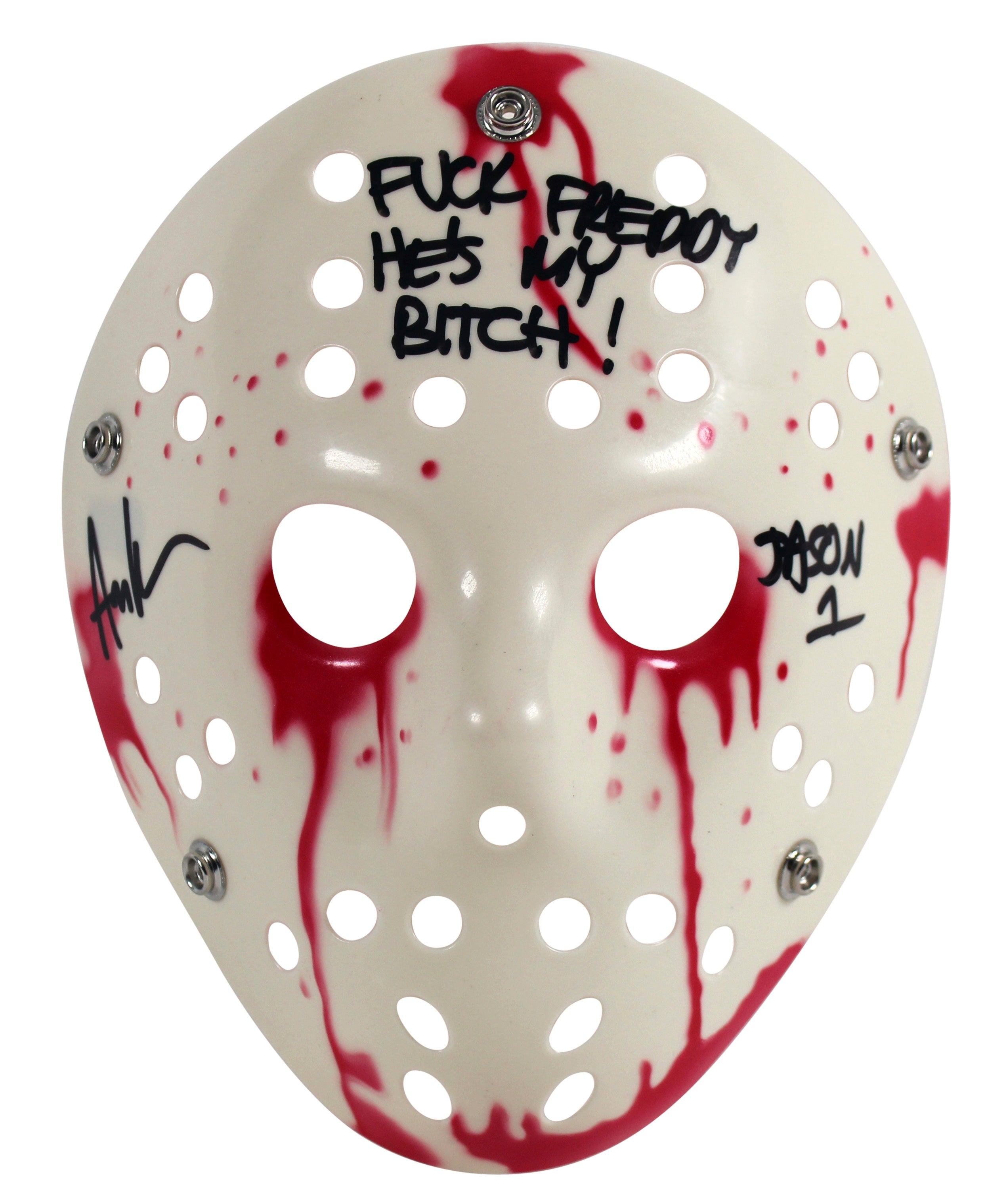 Ari Lehman Friday The 13th "F*** Freddy!" Signed White Mask w/ Black Sig BAS Wit