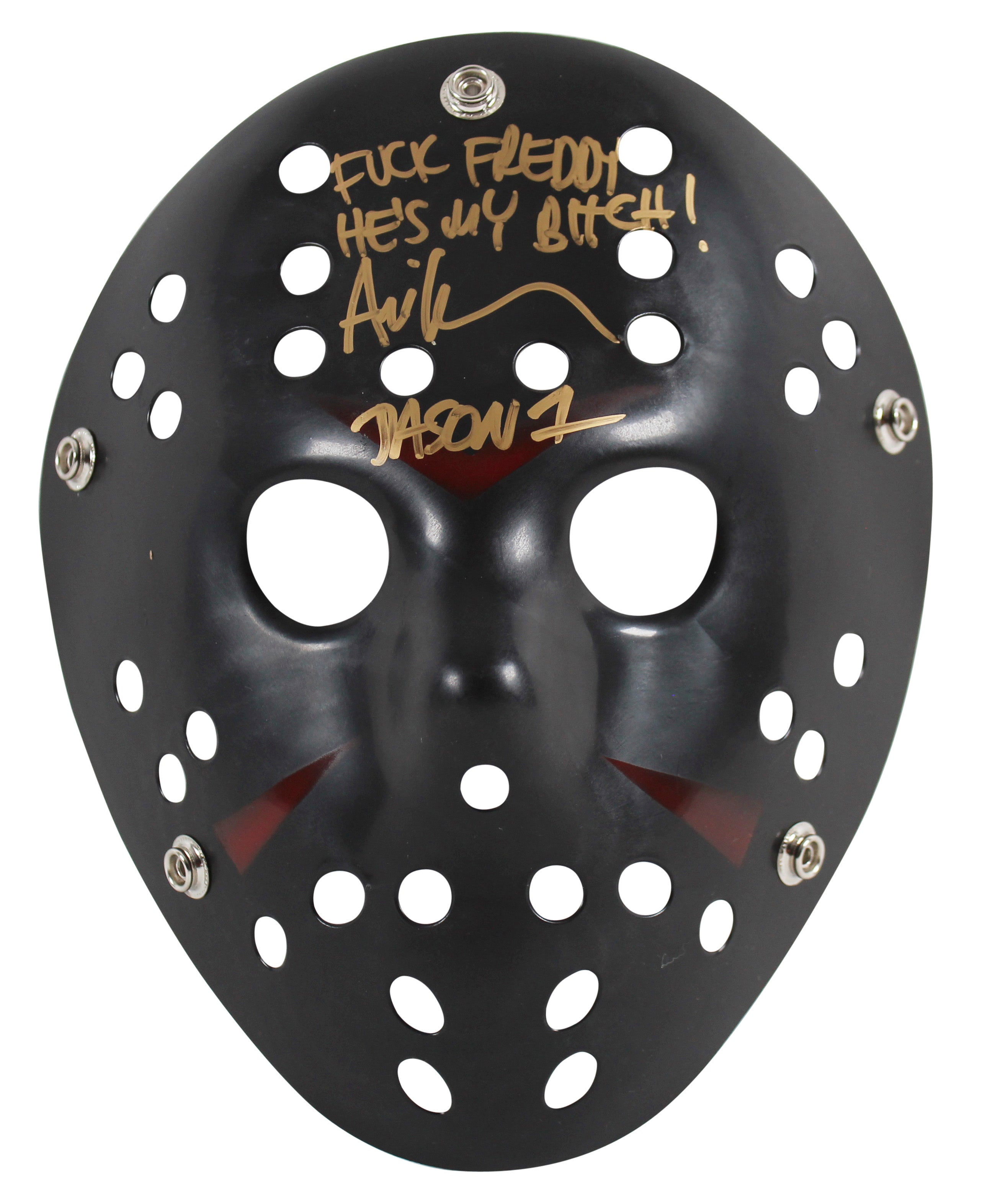 Ari Lehman Friday The 13th "F*** Freddy!" Signed Black Mask w/ Gold Sig BAS Wit
