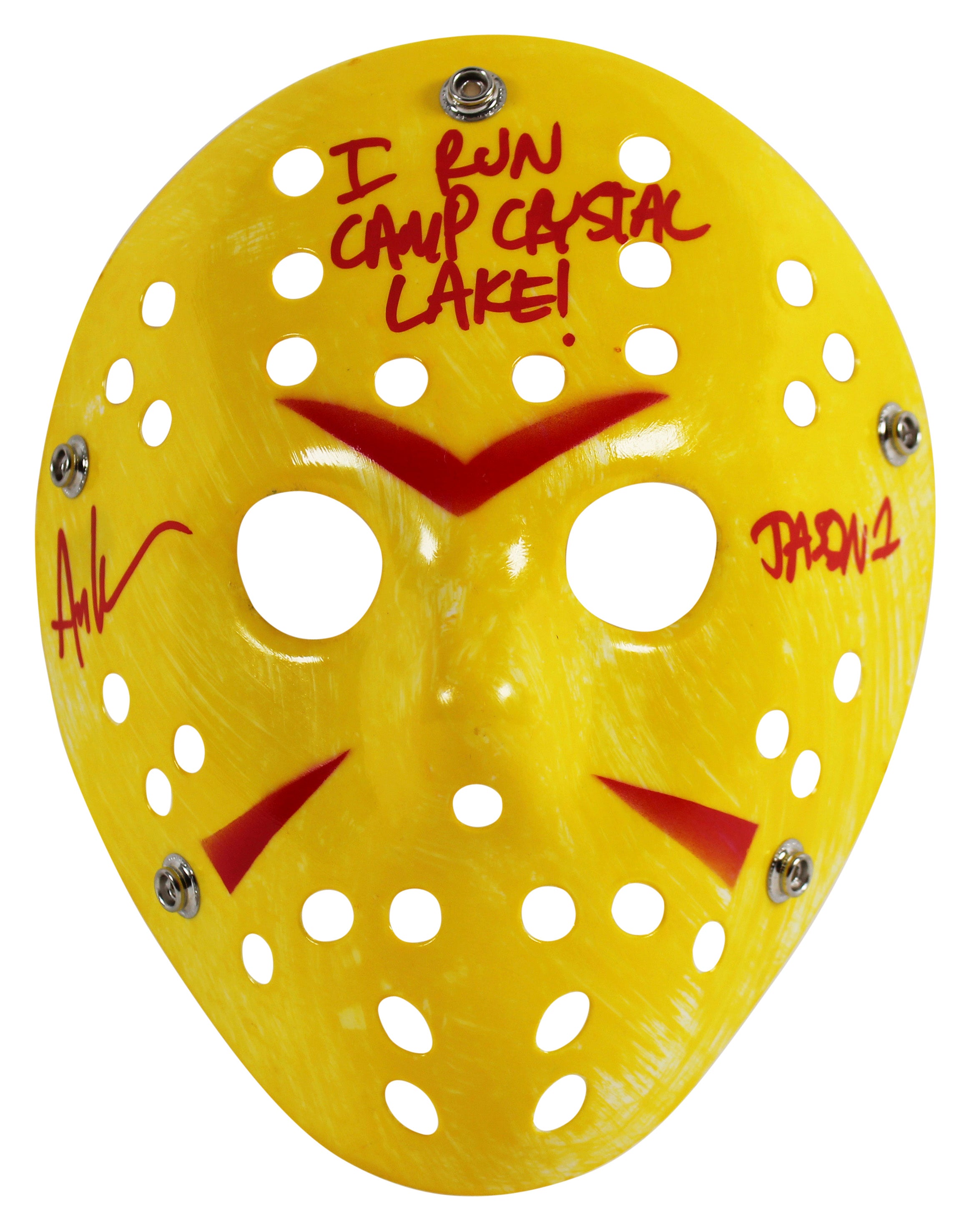 Ari Lehman "I Run Camp Crystal Lake" Signed Yellow Mask w/ Red Sig BAS Witnessed