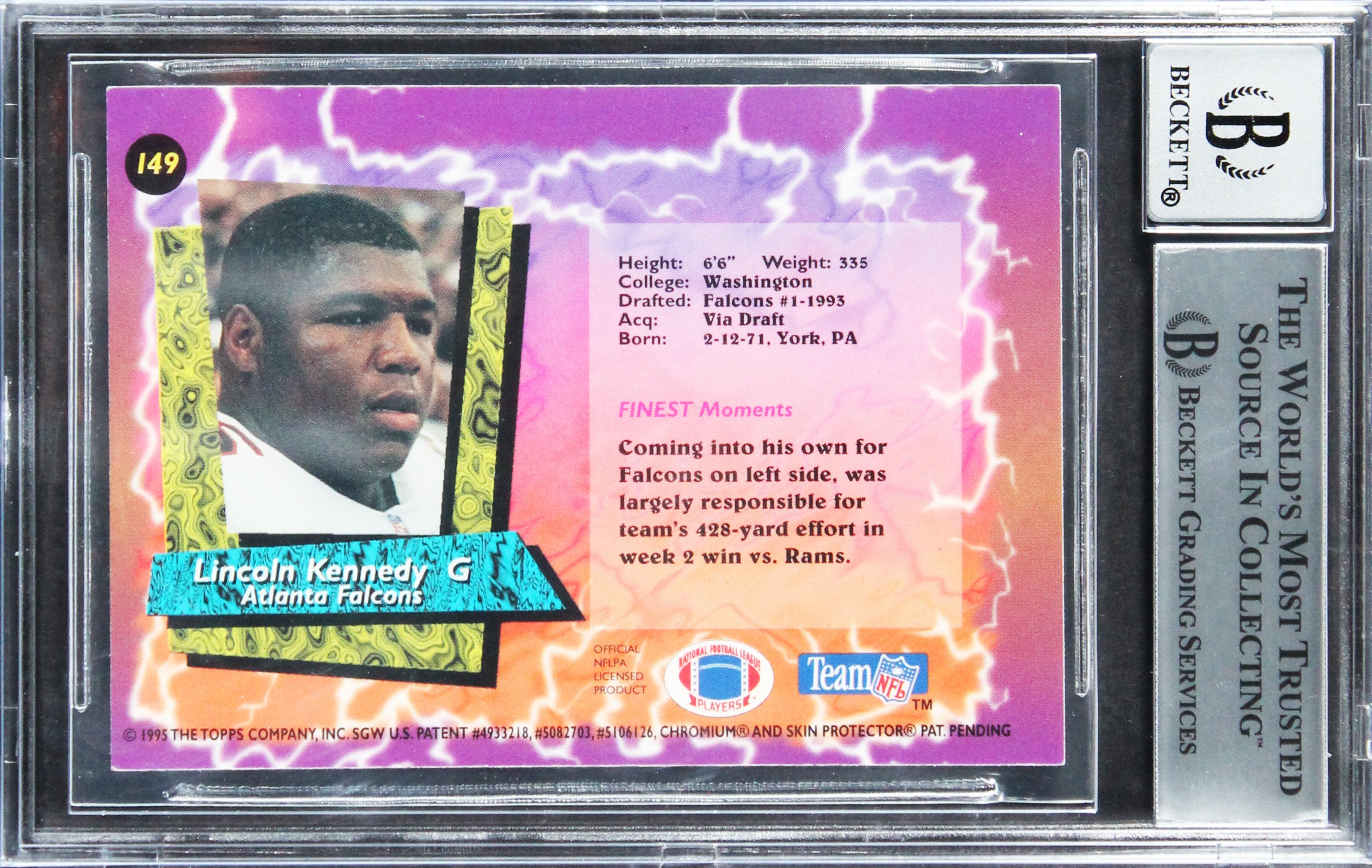 Falcons Lincoln Kennedy Signed 1995 Finest #149 Card Auto 10! BAS Slabbed