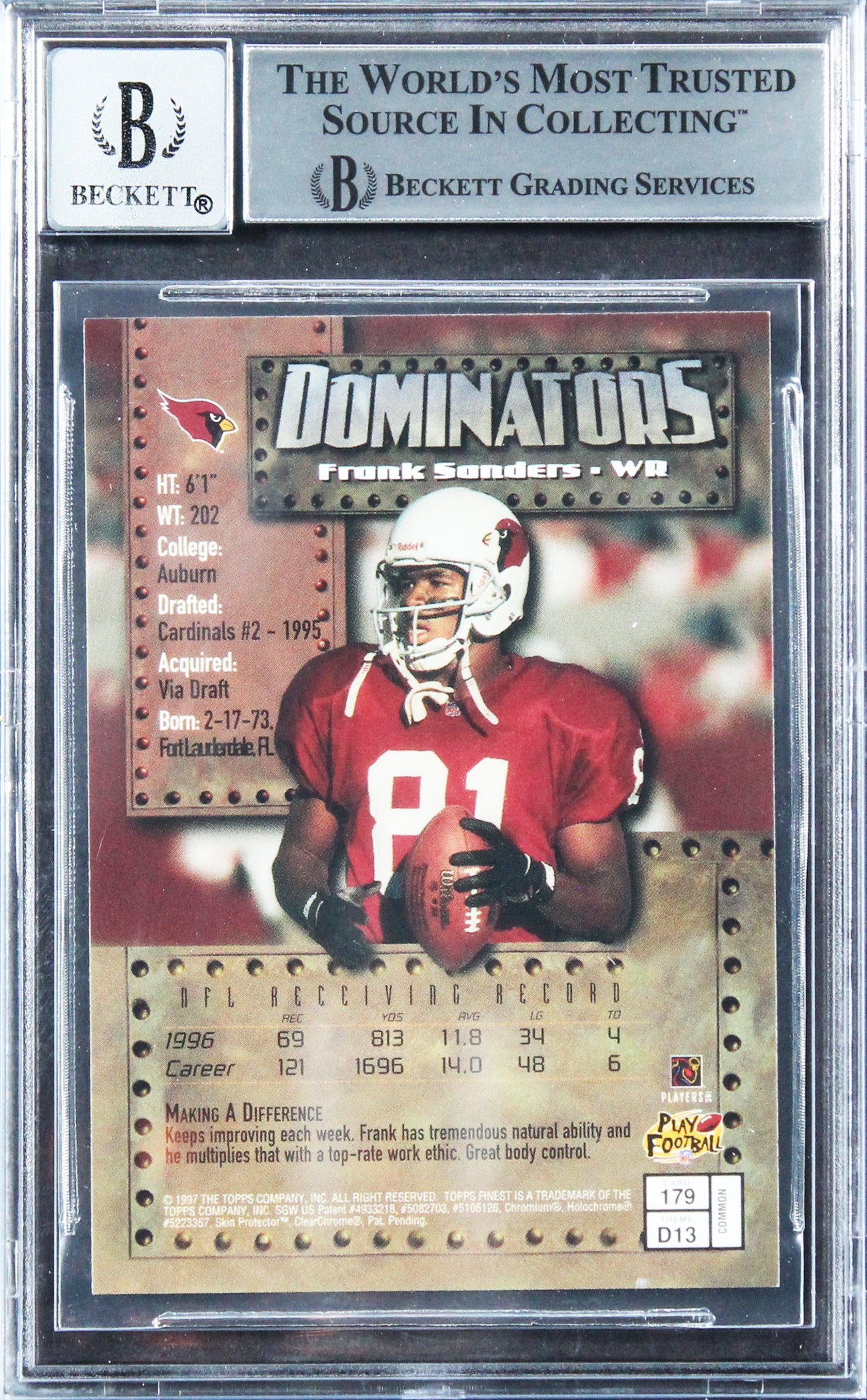 Cardinals Frank Sanders Signed 1997 Finest #179 Card Auto 10! BAS Slabbed