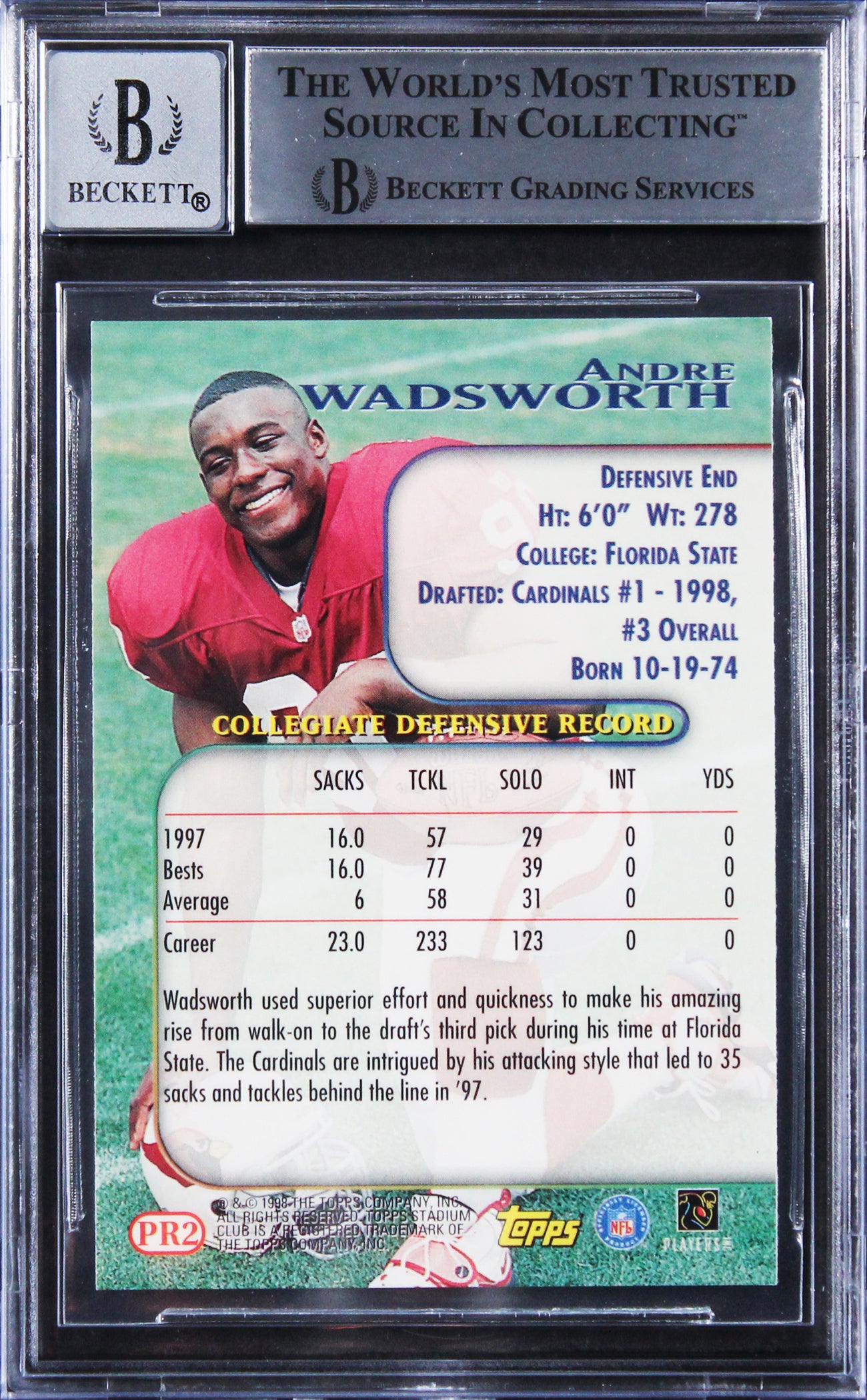 Cardinals Andre Wadsworth Signed 1998 Stadium Club PR #PR2 Card Auto 10 BAS Slab