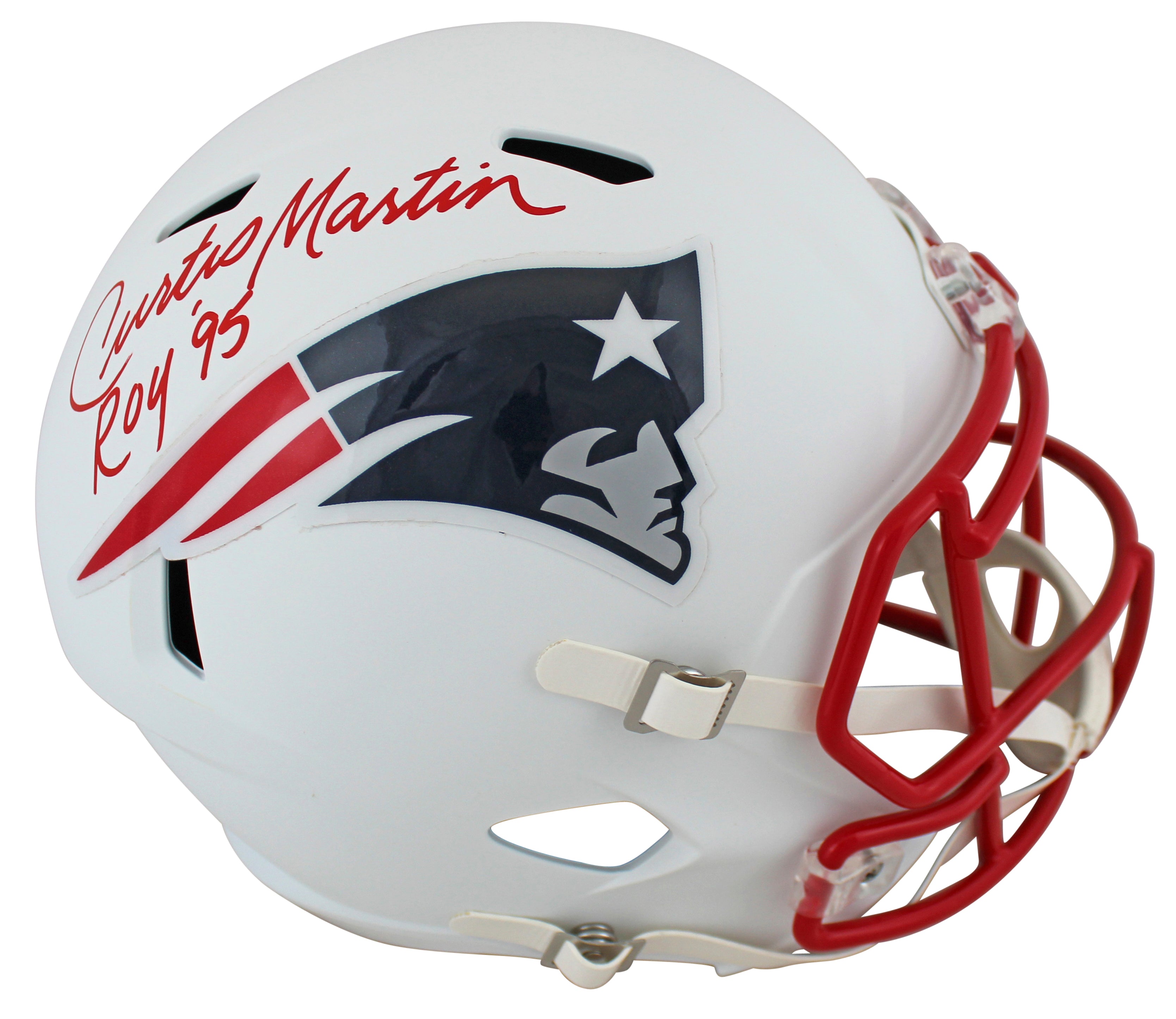 Patriots Curtis Martin "ROY 95" Signed Flat White Full Size Speed Rep Helmet PSA