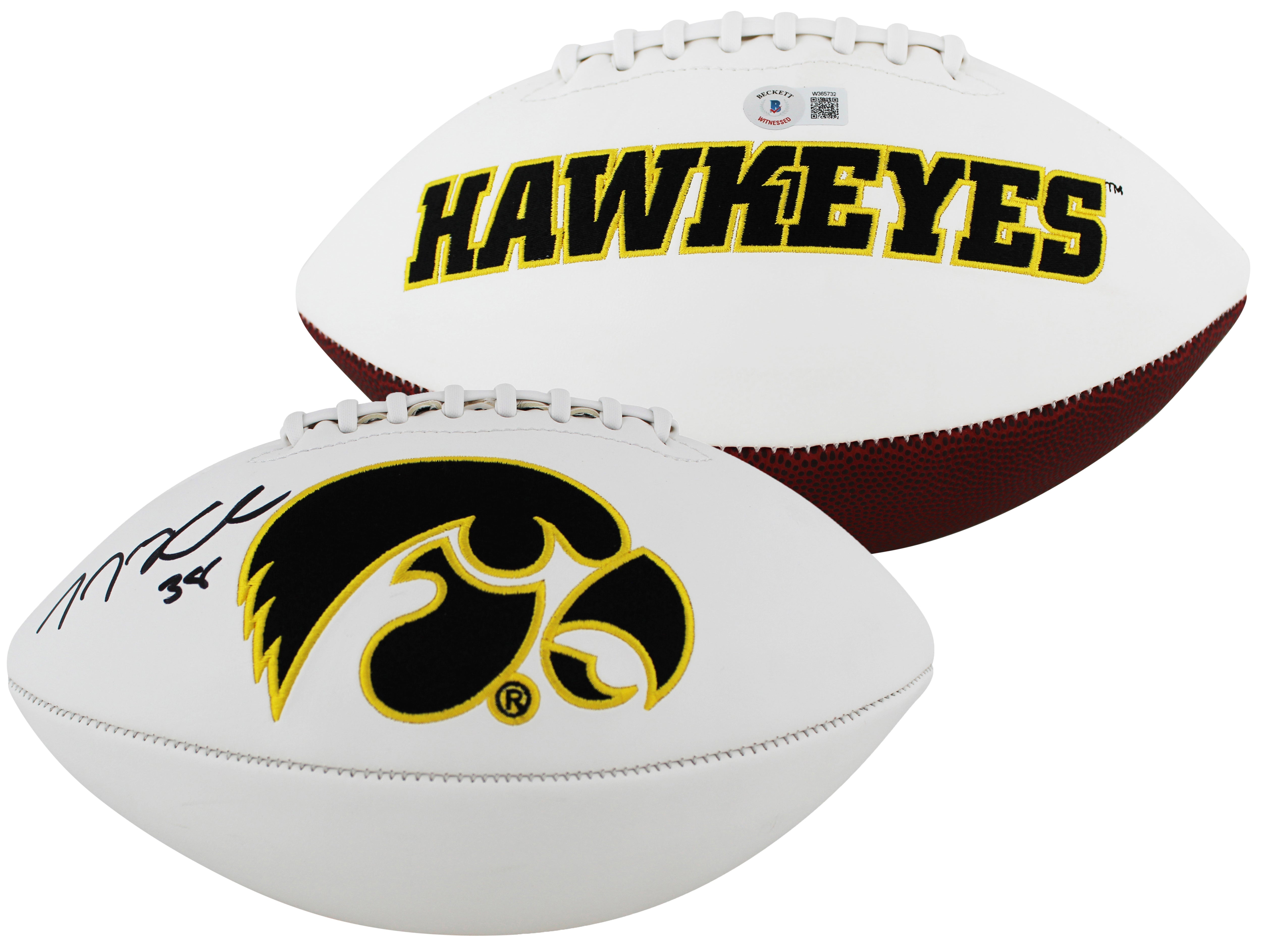 Iowa T.J. Hockenson Signed White Panel Logo Football W/ Case BAS Witnessed