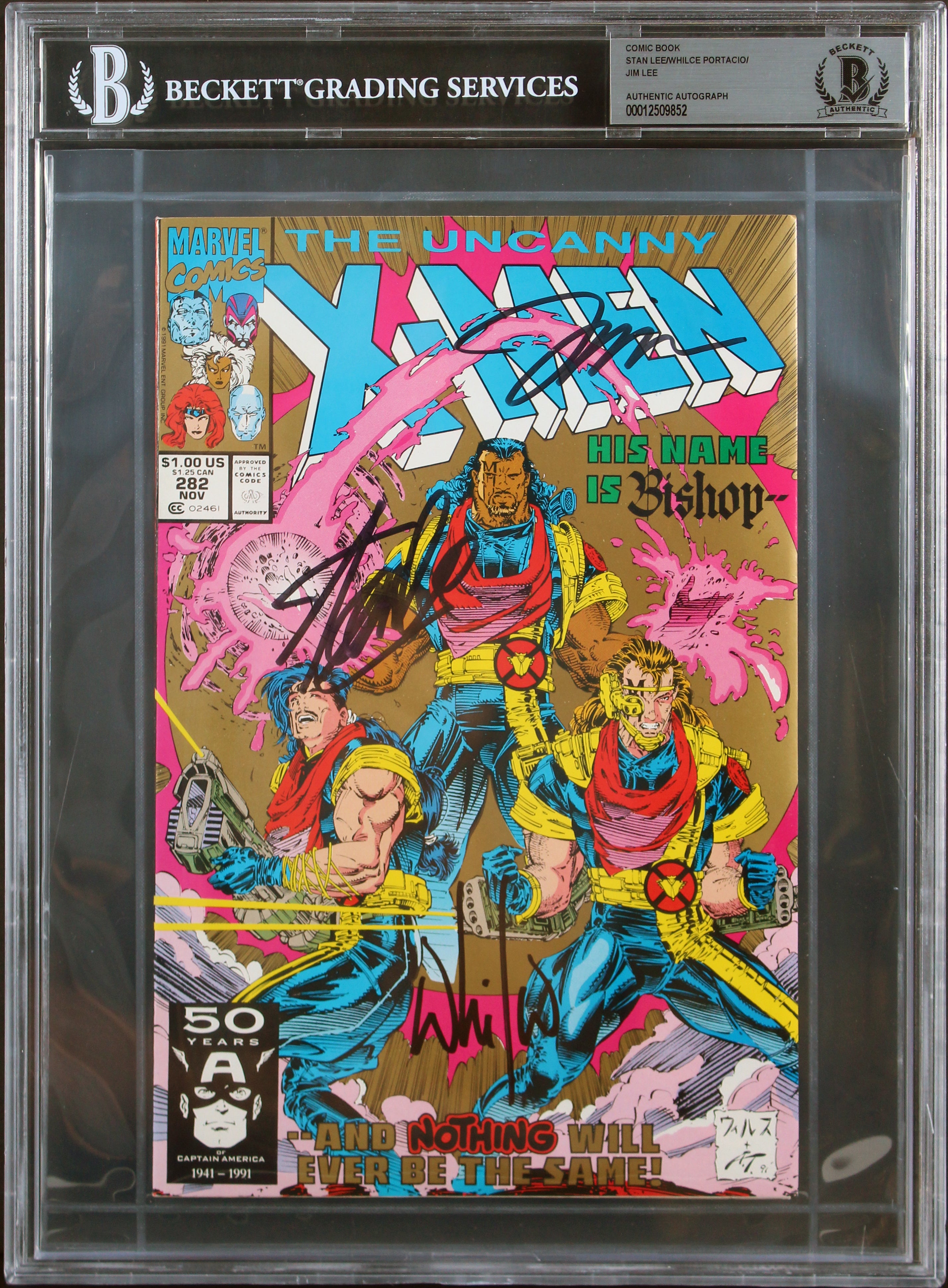 (3) Stan Lee, Portacio & Lee Signed The Ucanny X-Men #282 Comic BAS Slabbed
