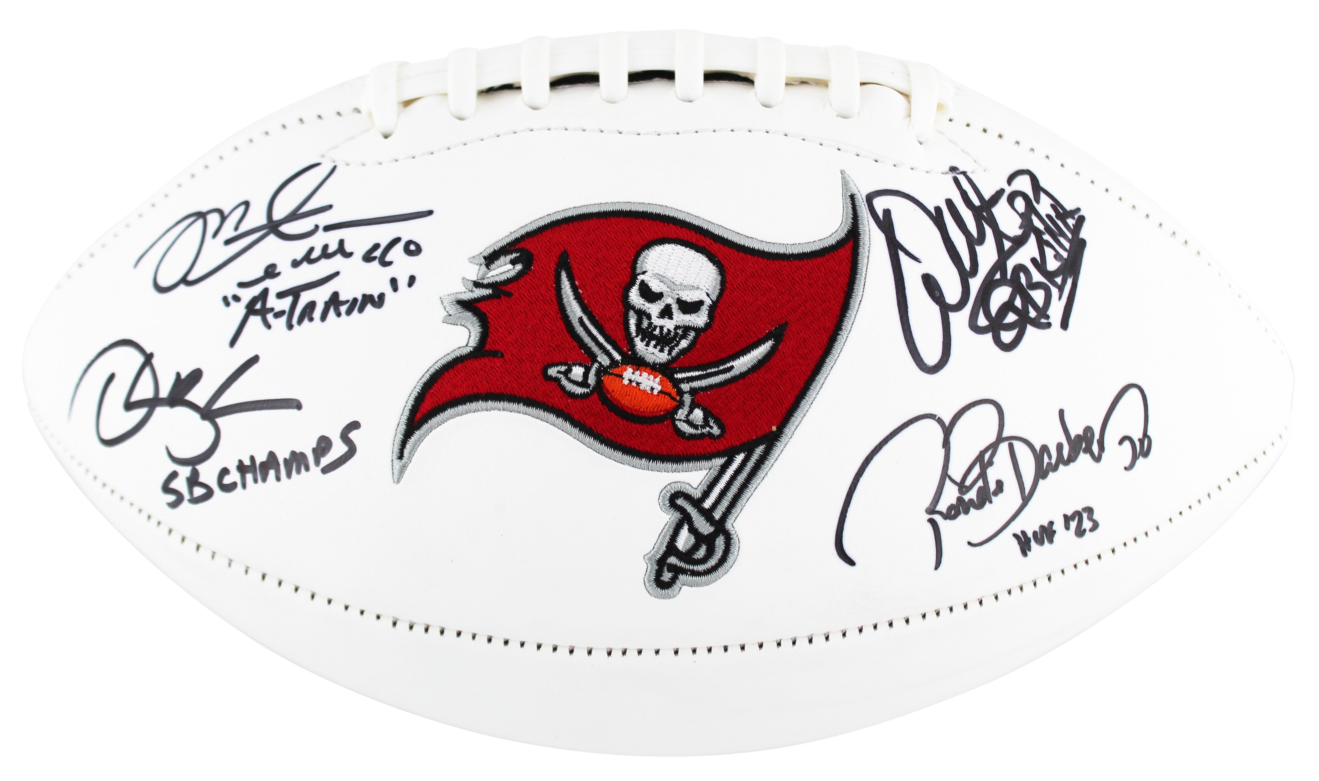 Bucs (4) Sapp, Brooks, Barber & Alstott Signed White Panel Logo Football BAS Wit