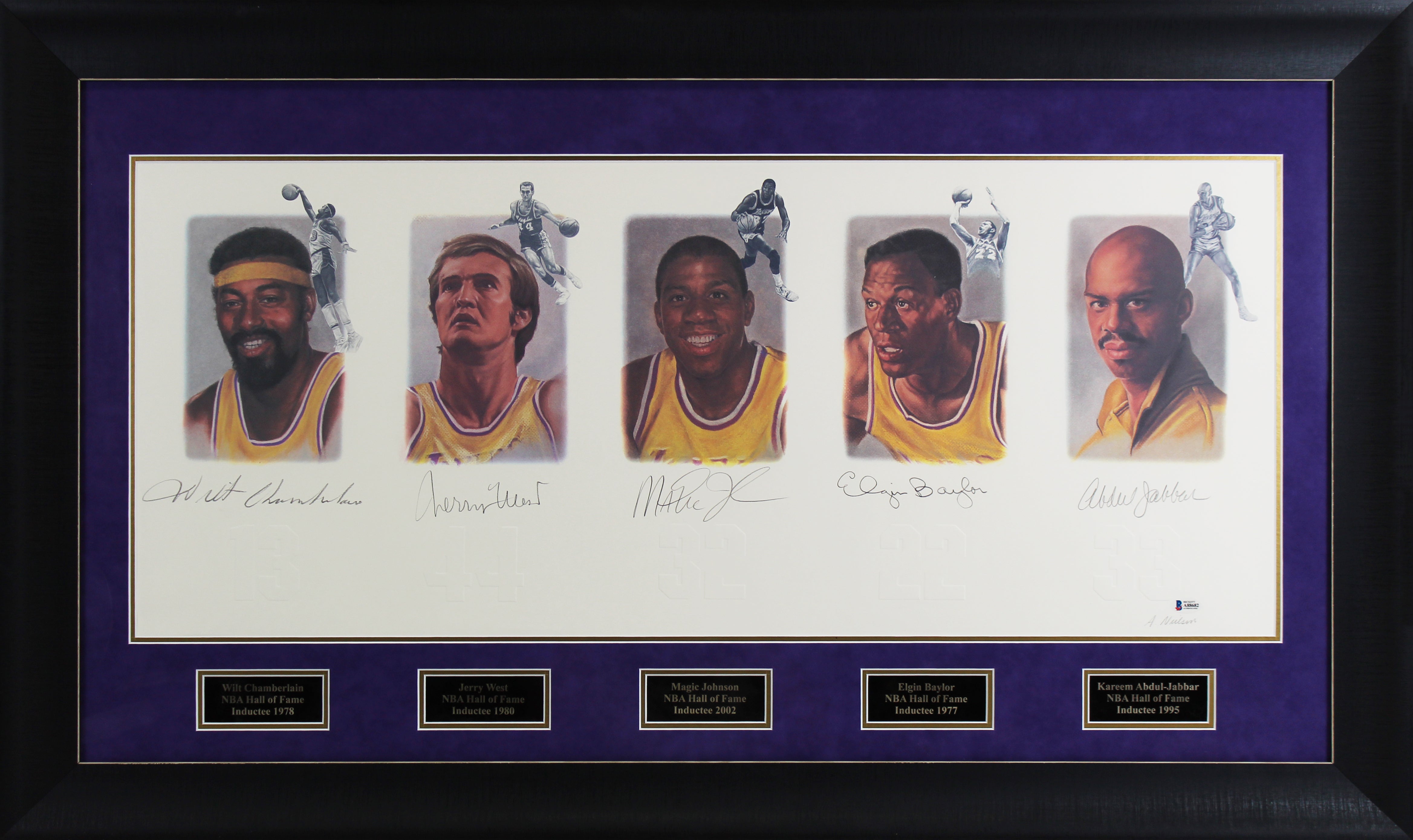 Lakers Legends (5) Chamberlain, Jabbar, Johnson Signed & Framed 22x39 Litho BAS