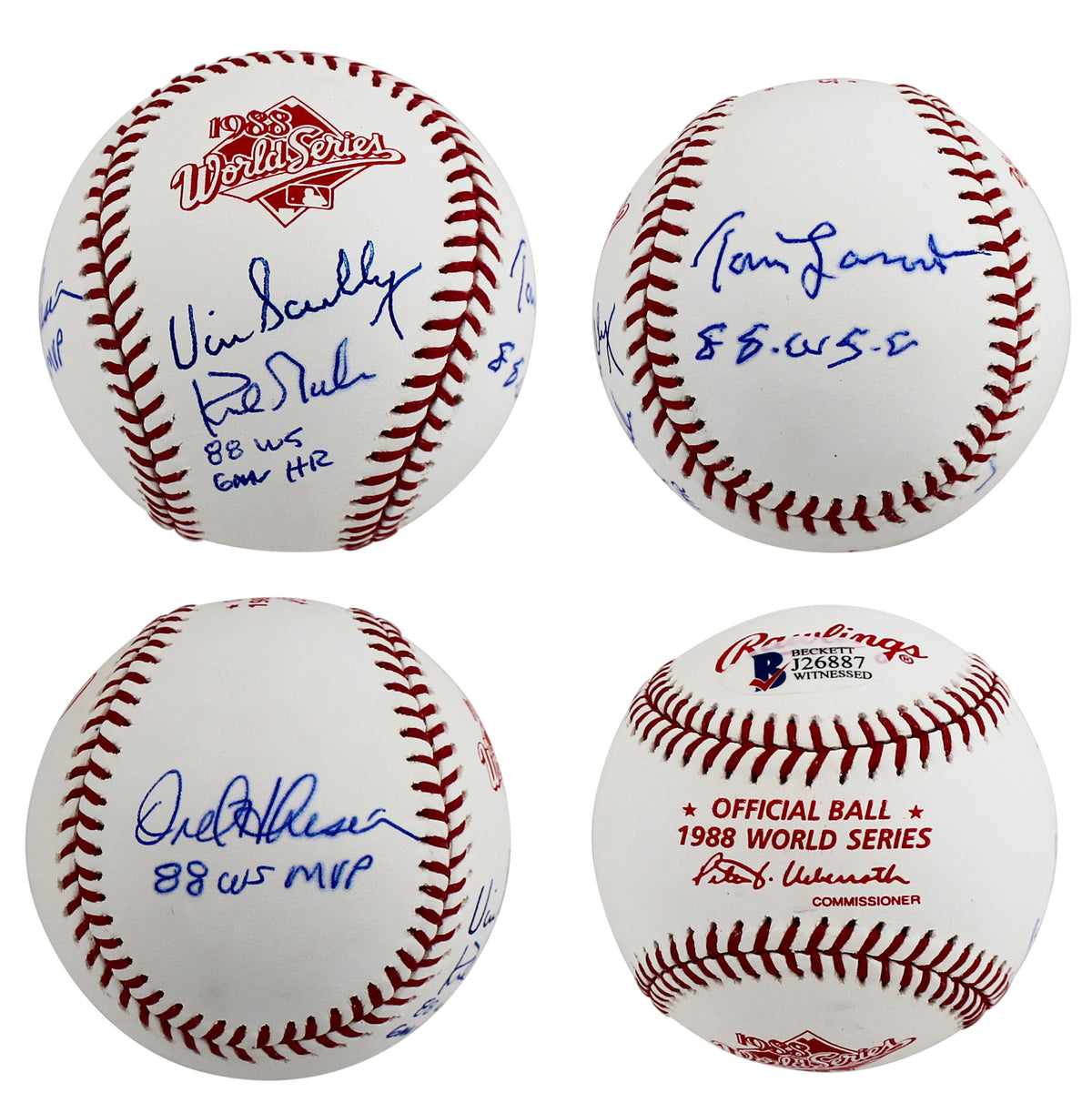 Dodgers (4) Scully, Hershiser, Lasorda & Gibson Signed 88 WS Logo Baseball BAS