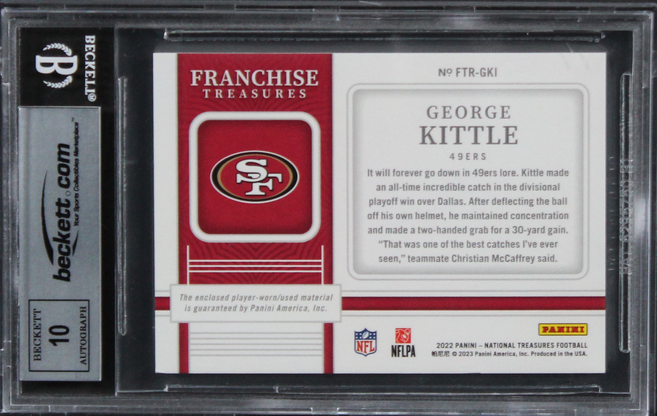 49ers George Kittle Signed 2022 Natl Treasures FT #25 4/49 Card Auto 10 BAS Slab