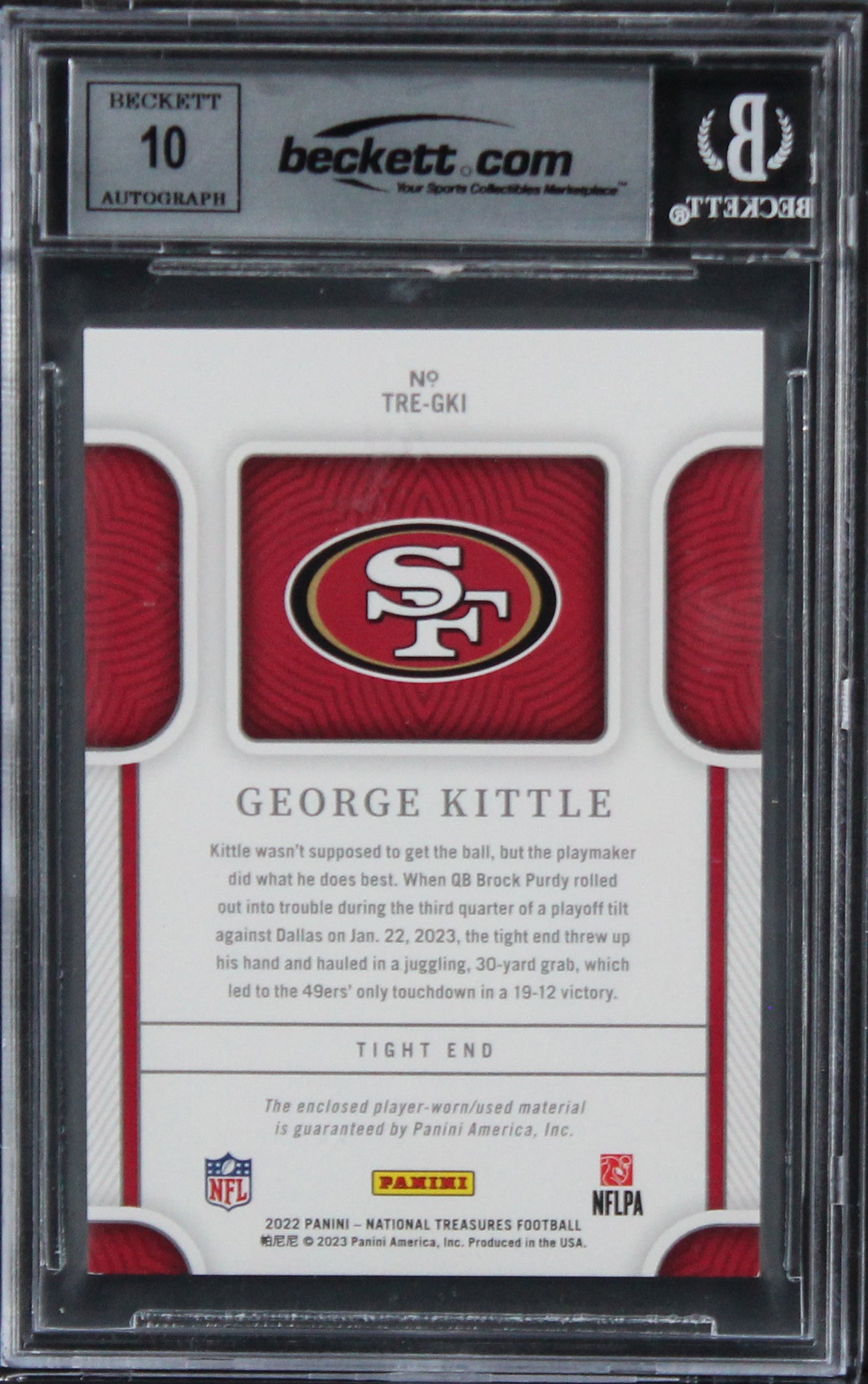 49ers George Kittle Signed 2022 Natl Treasures TT #43 2/25 Card Auto 10 BAS Slab