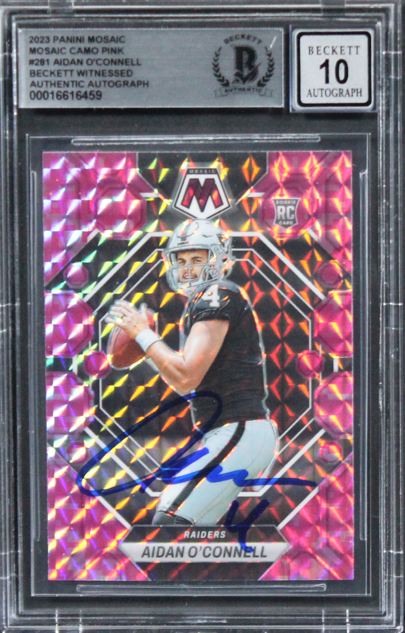 Raiders Aidan O'Connell Signed 2023 Panini Mosaic CP #281 RC Auto 10! BAS Slab