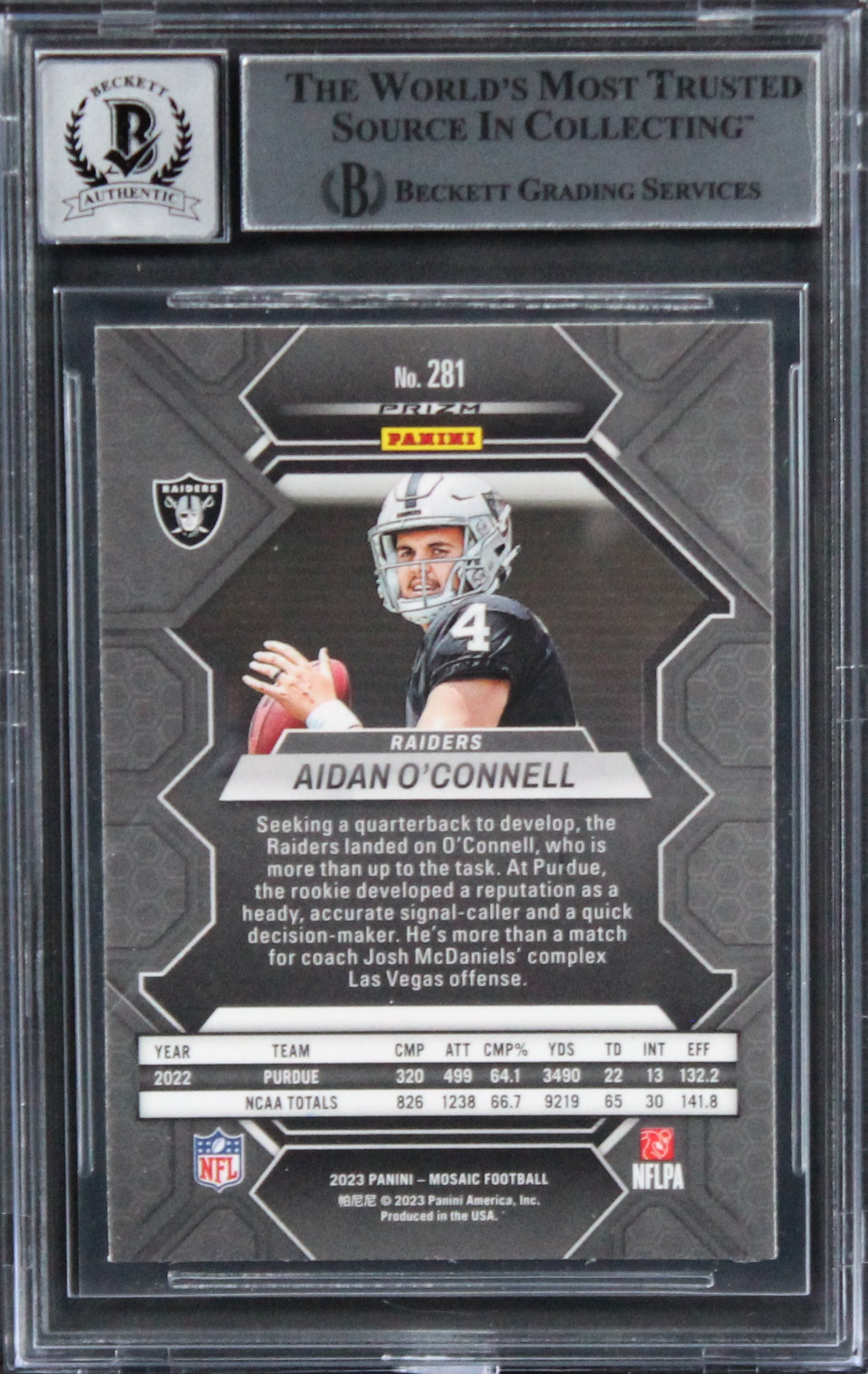 Raiders Aidan O'Connell Signed 2023 Panini Mosaic RB #281 RC Auto 10! BAS Slab