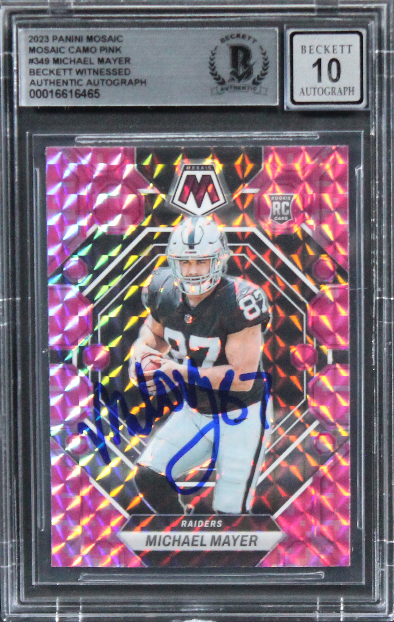 Raiders Michael Mayer Signed 2023 Panini Mosaic CP #349 RC Card Auto 10 BAS Slab