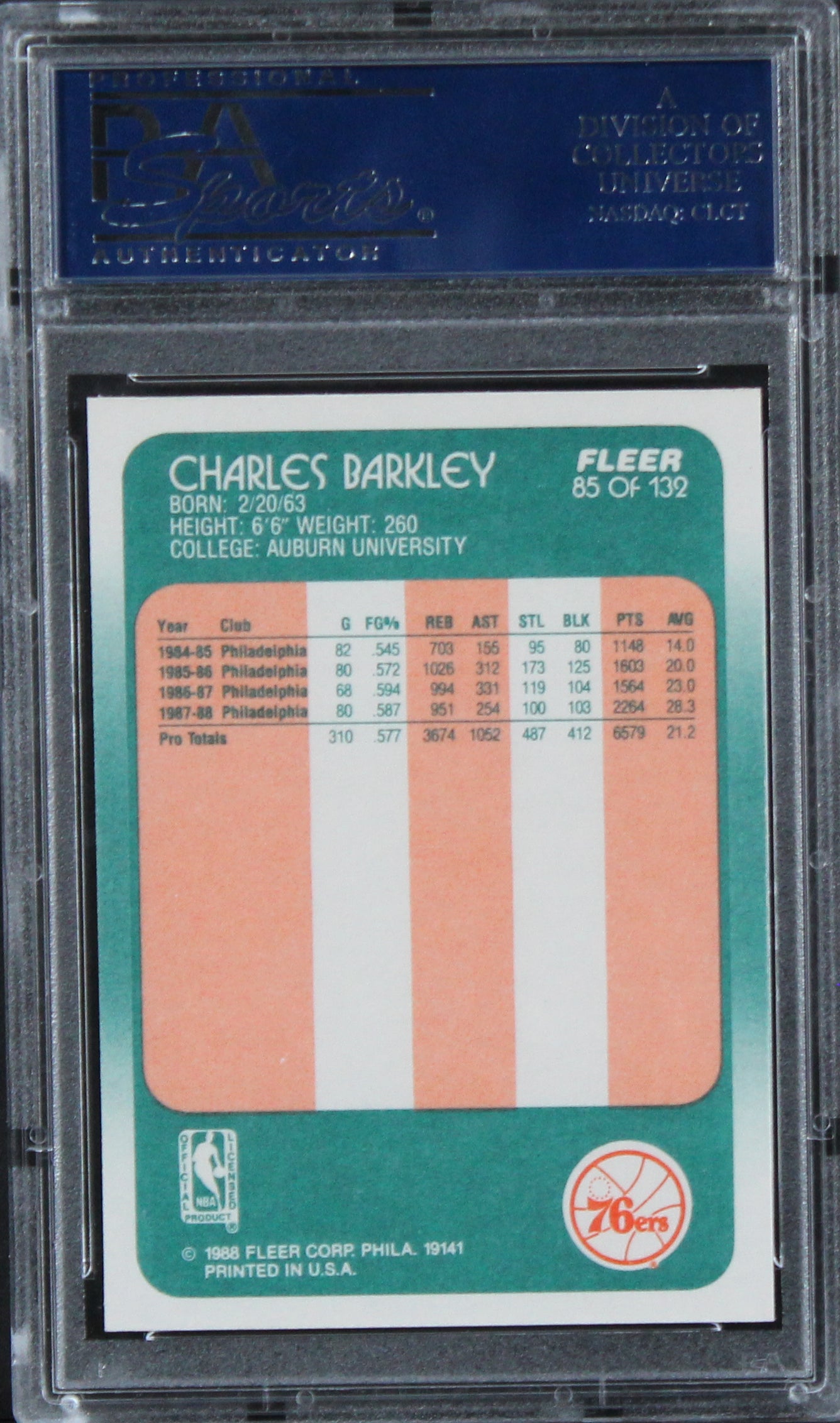 76ers Charles Barkley Authentic Signed 1988 Fleer #85 Card PSA/DNA Slabbed