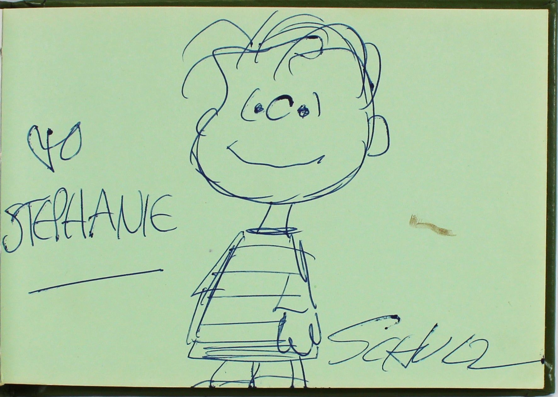 Charles Schulz Signed 4.25x6 Peanuts Autograph Book w/ Linus Sketch BAS #A53116