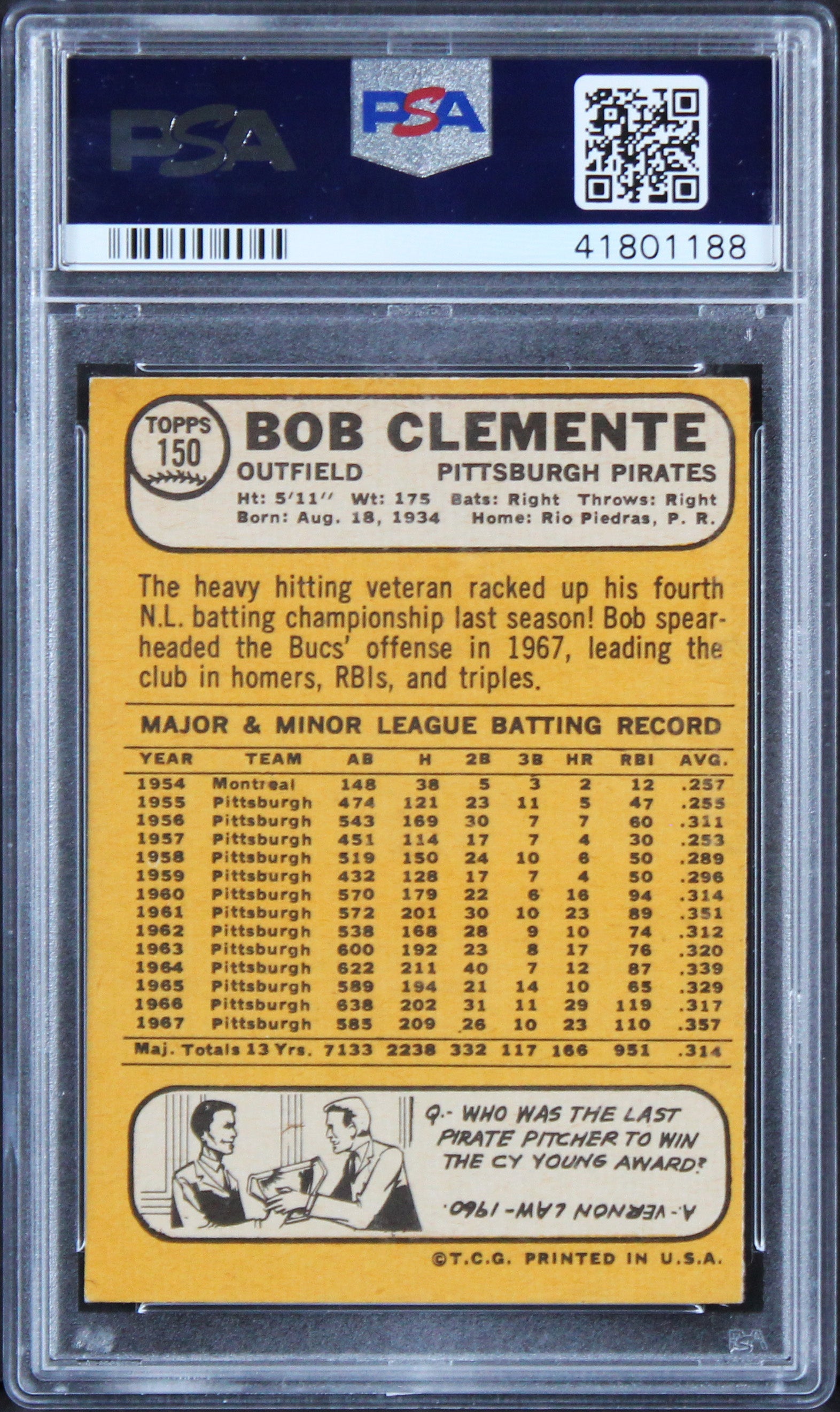 Pirates Roberto Clemente Signed 1968 Topps #150 Card Auto Graded 8 PSA Slabbed