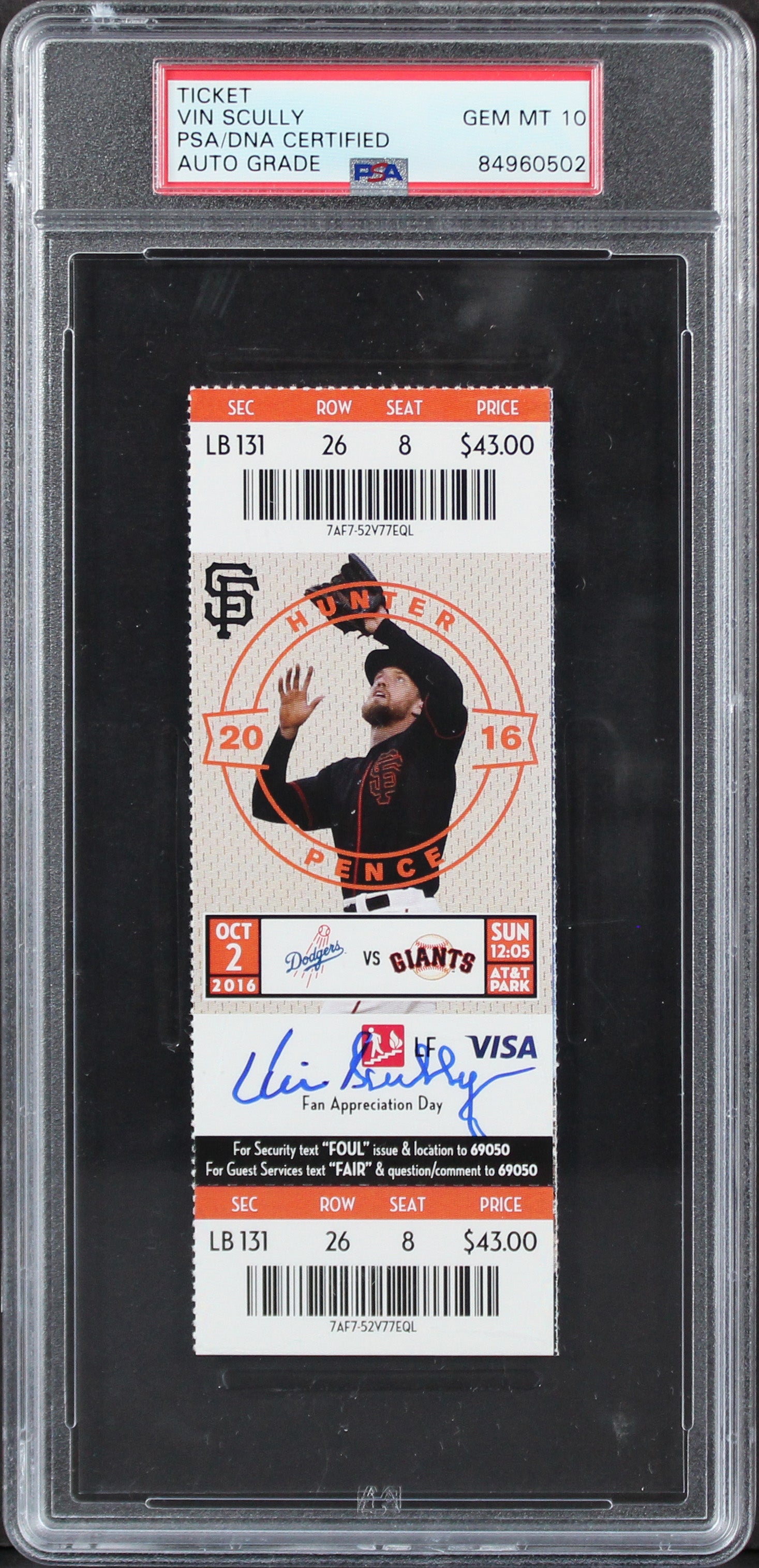 Vin Scully Signed 2016 Dodgers Vs Giants Final Game Ticket Stub Auto 10 PSA Slab