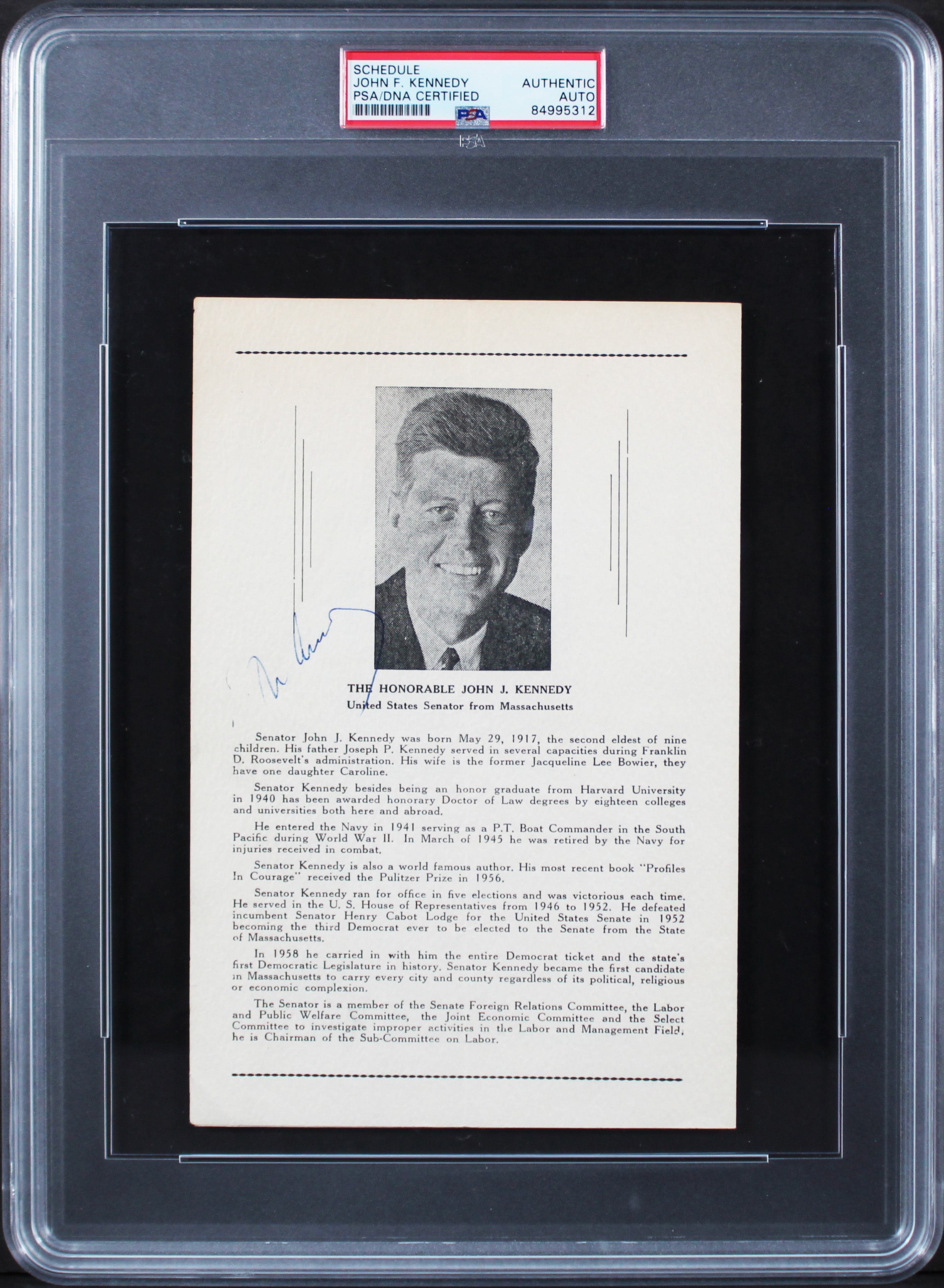 John F. Kennedy Authentic Signed 5.5x8.5 1959 Program Page PSA/DNA Slabbed