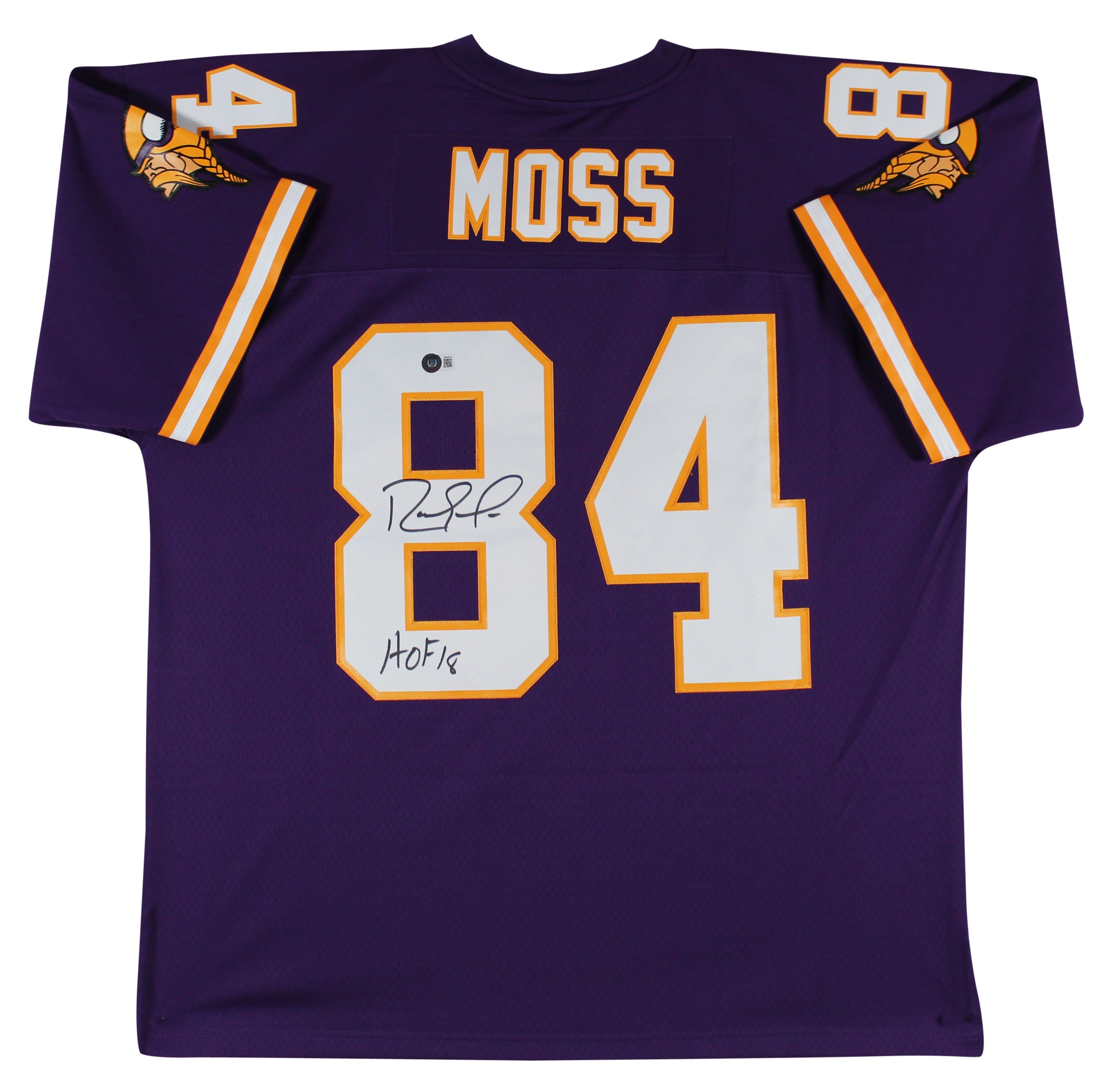 Vikings Randy Moss "HOF 18" Signed Purple Mitchell & Ness Jersey BAS Witnessed 2