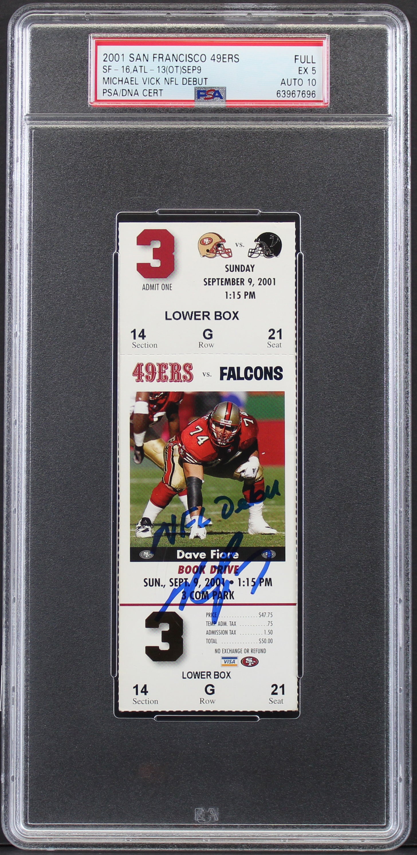 Michael Vick "NFL Debut" Signed 2001 Full Ticket Graded Ex 5 Auto 10 PSA Slabbed