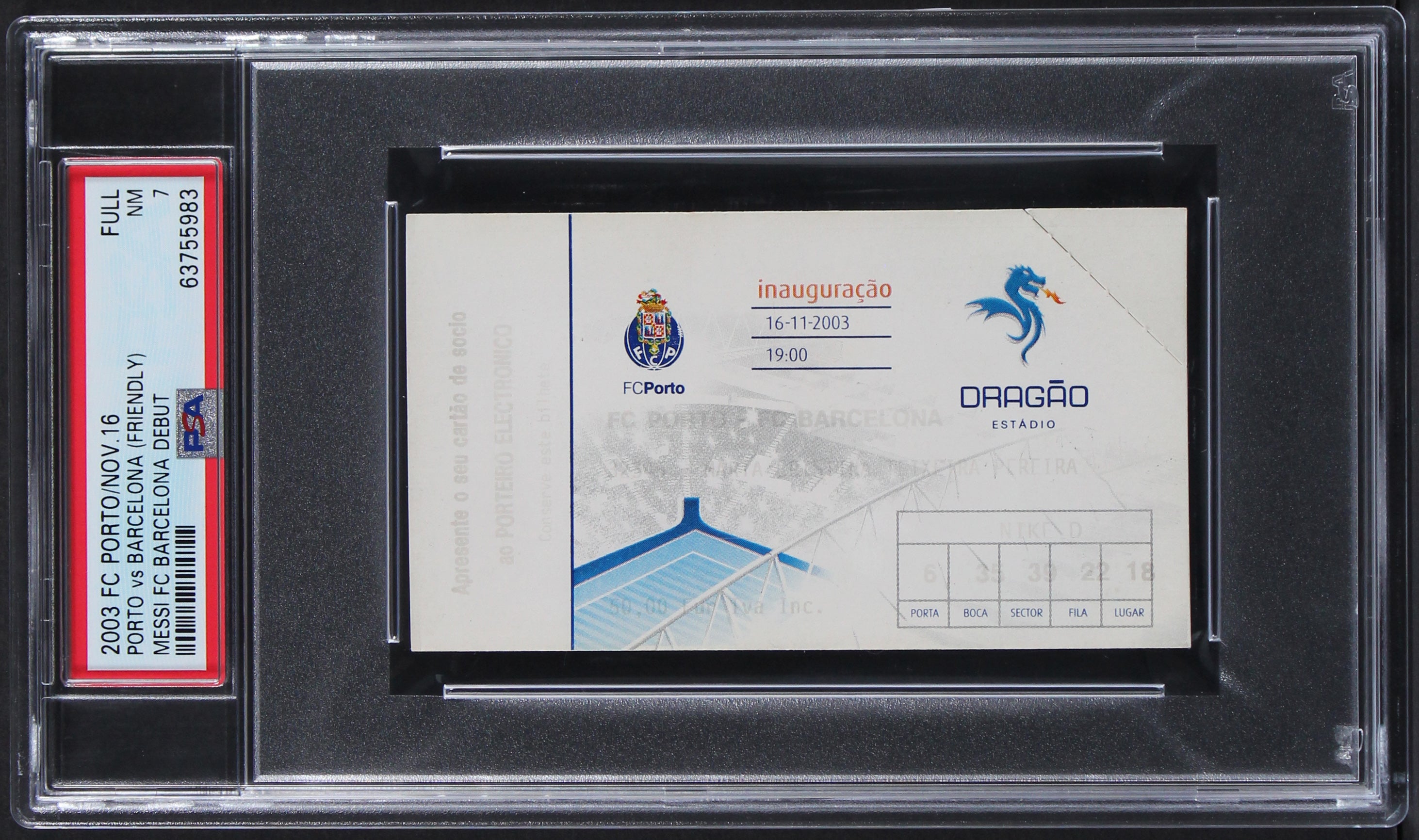 Barcelona Lionel Messi Club Debut Full Ticket Stub Graded NM 7! PSA/DNA Slabbed