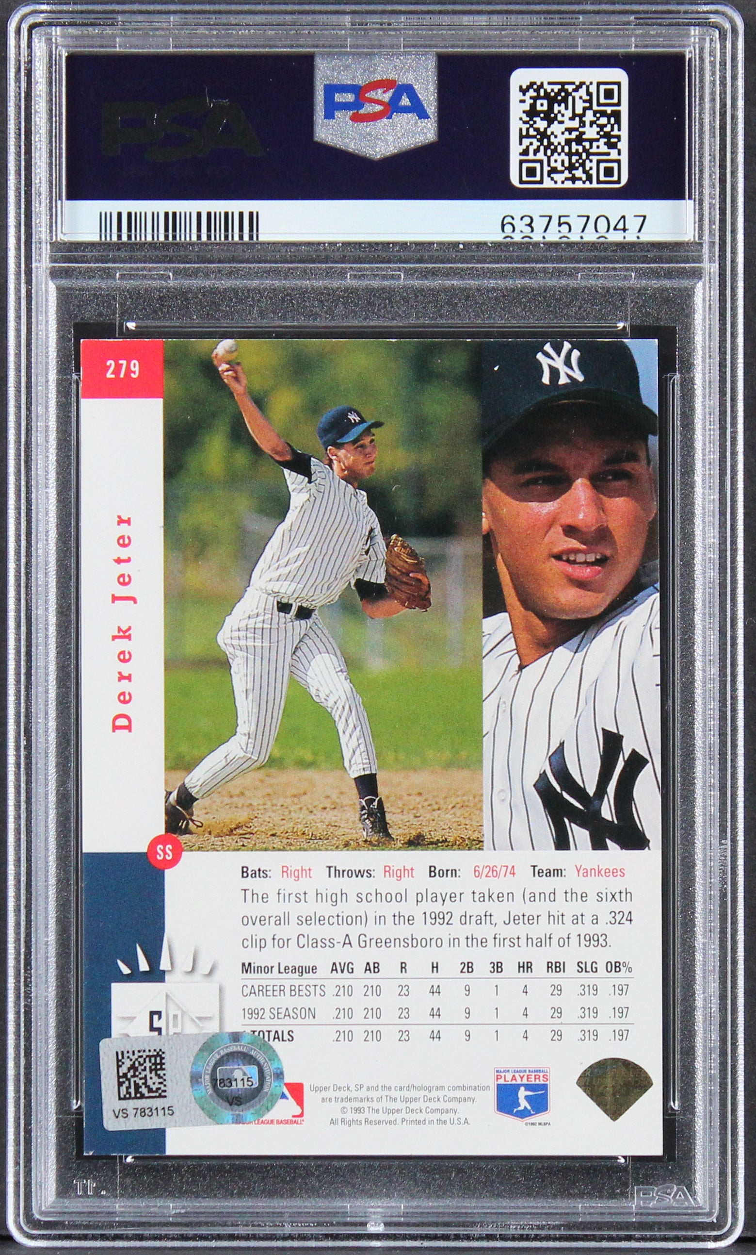 Yankees Derek Sanderson Jeter Signed 1993 SP Foil #279 RC Card Auto 9! PSA Slab