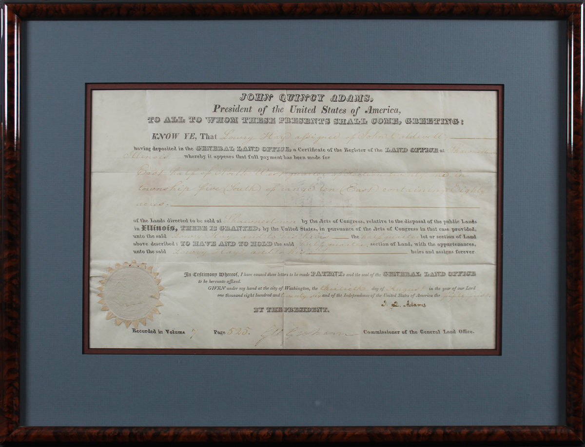 John Quincy Adams Authentic Signed & Framed 9x14 1826 Land Grant BAS #AB14689