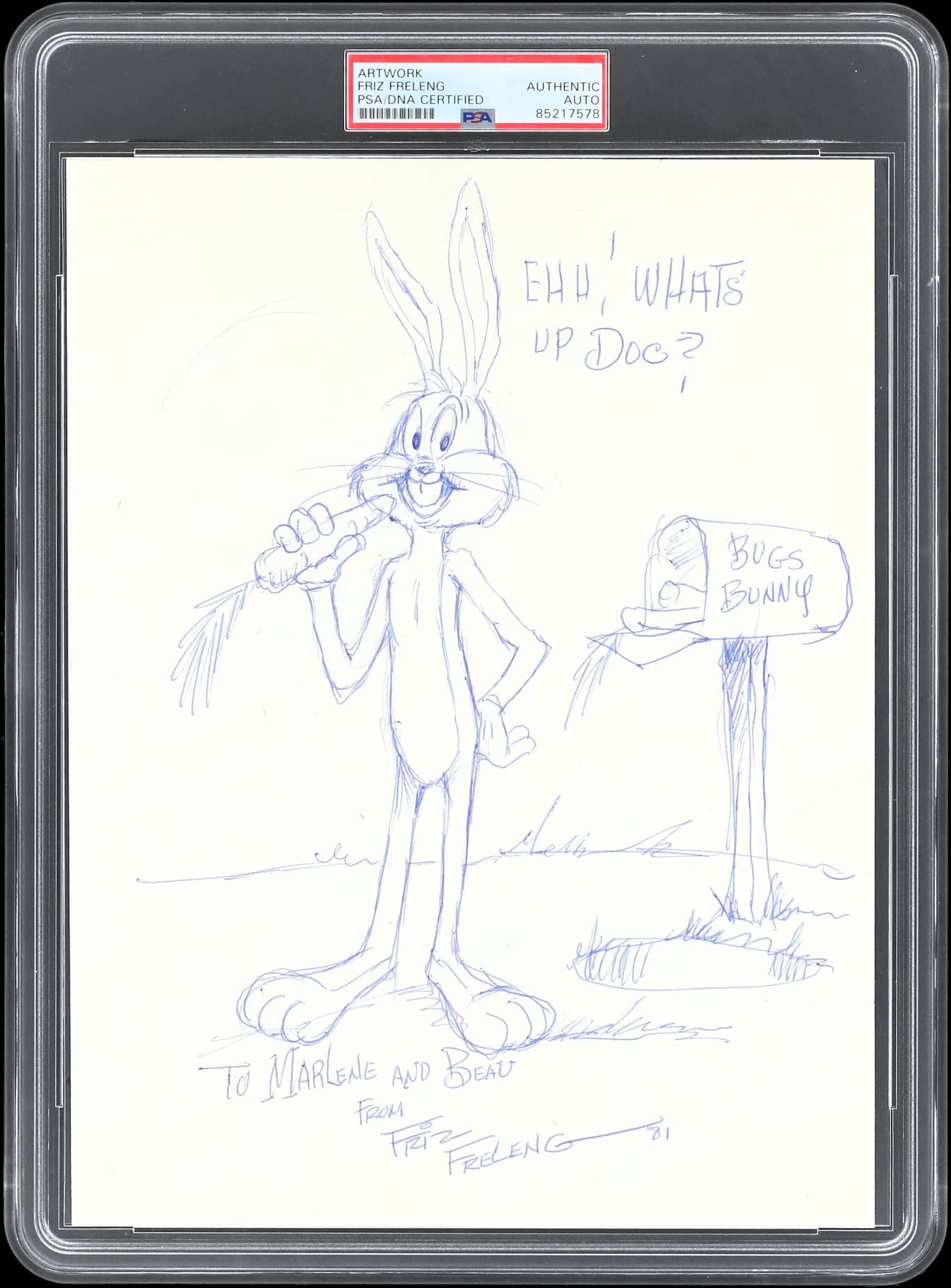 Fritz Freleng "eh, What's up Doc?" Signed 8.5x11 Bugs Bunny Sketch PSA Slabbed