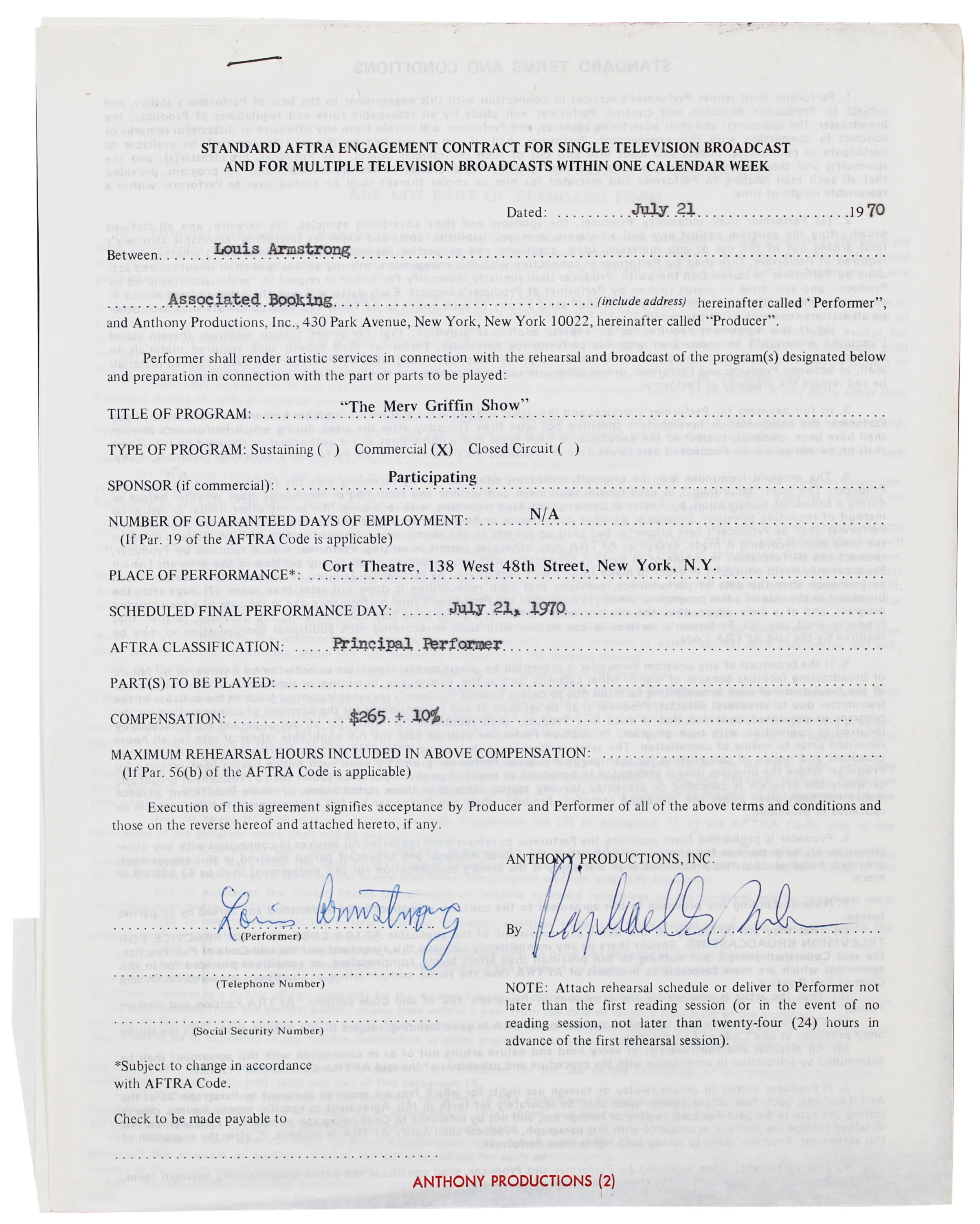 Louis Armstrong Signed 8.5x11 1970 Merv Griffin Show Contract BAS #AC33272