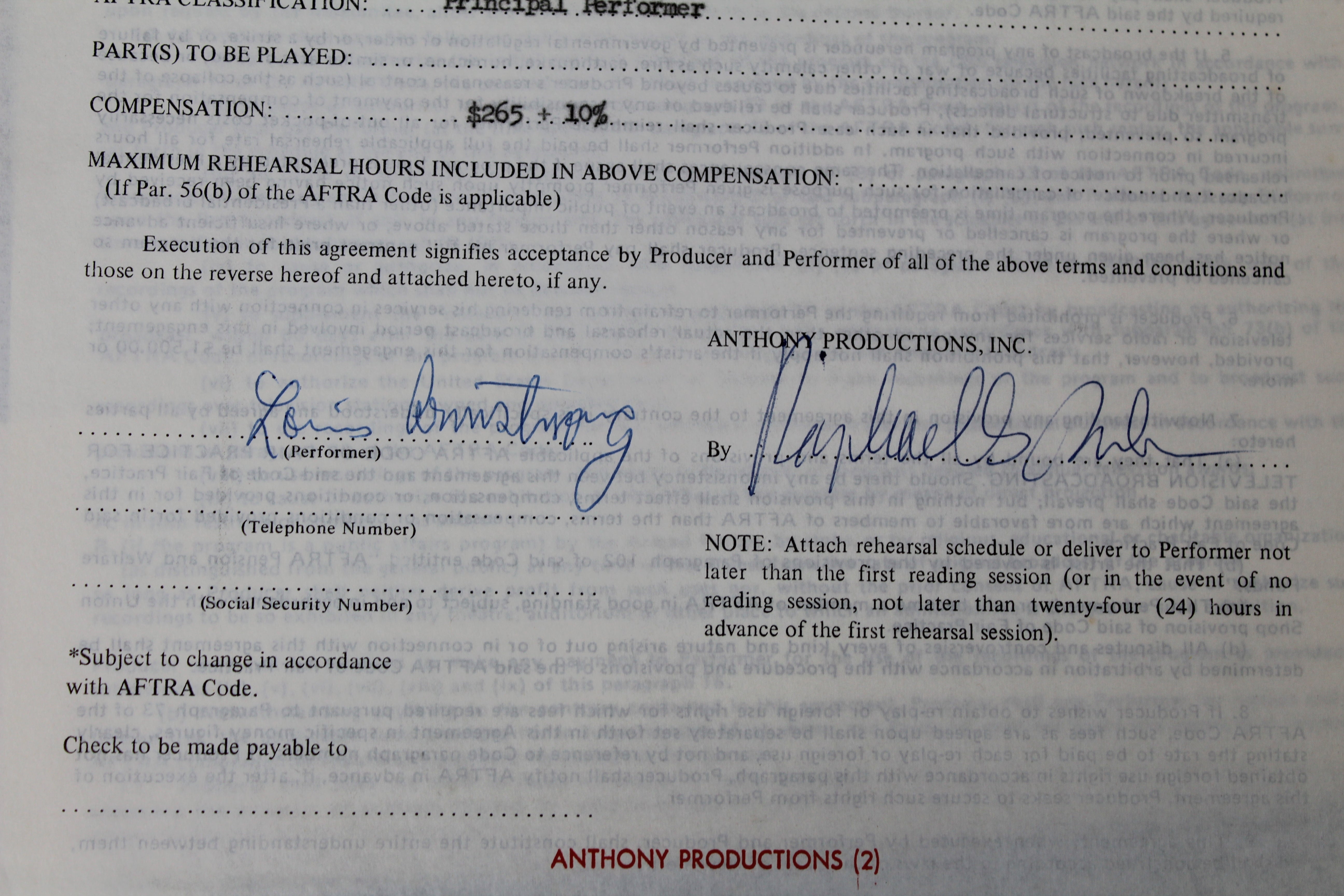 Louis Armstrong Signed 8.5x11 1970 Merv Griffin Show Contract BAS #AC33272