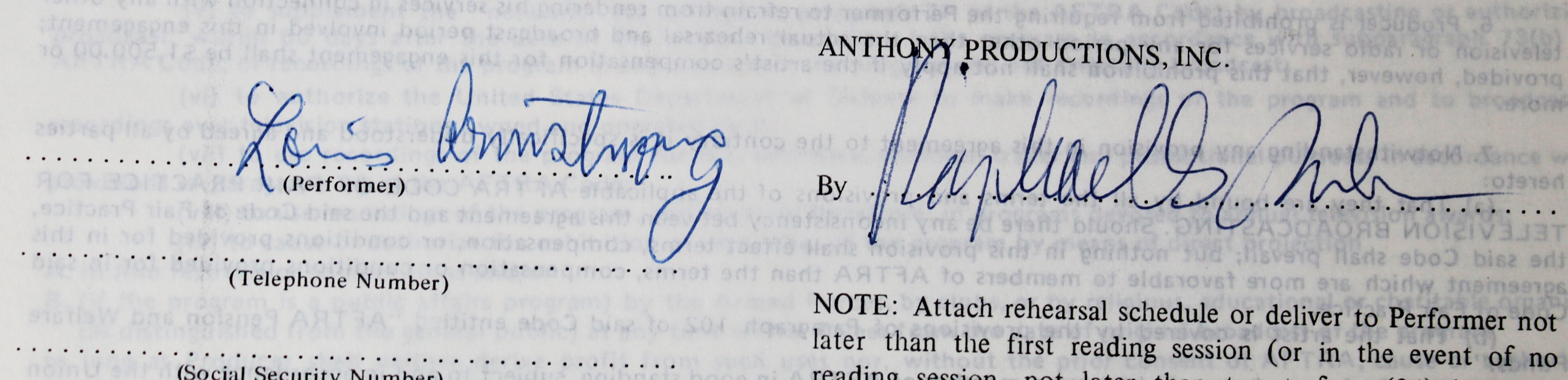 Louis Armstrong Signed 8.5x11 1970 Merv Griffin Show Contract BAS #AC33272