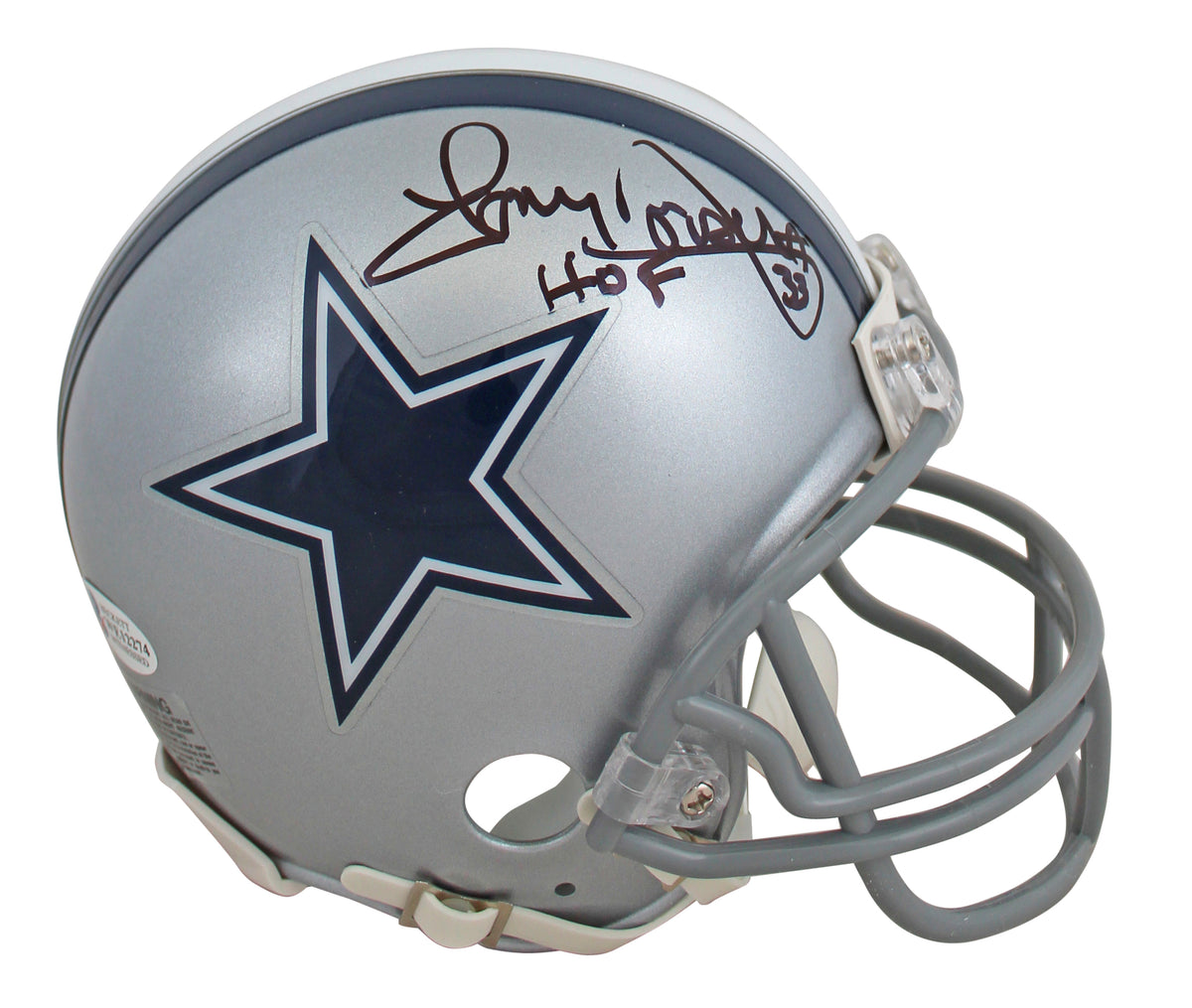 Cowboys Tony Dorsett "HOF" Signed Silver Rep Mini Helmet BAS Witnessed #WE12274