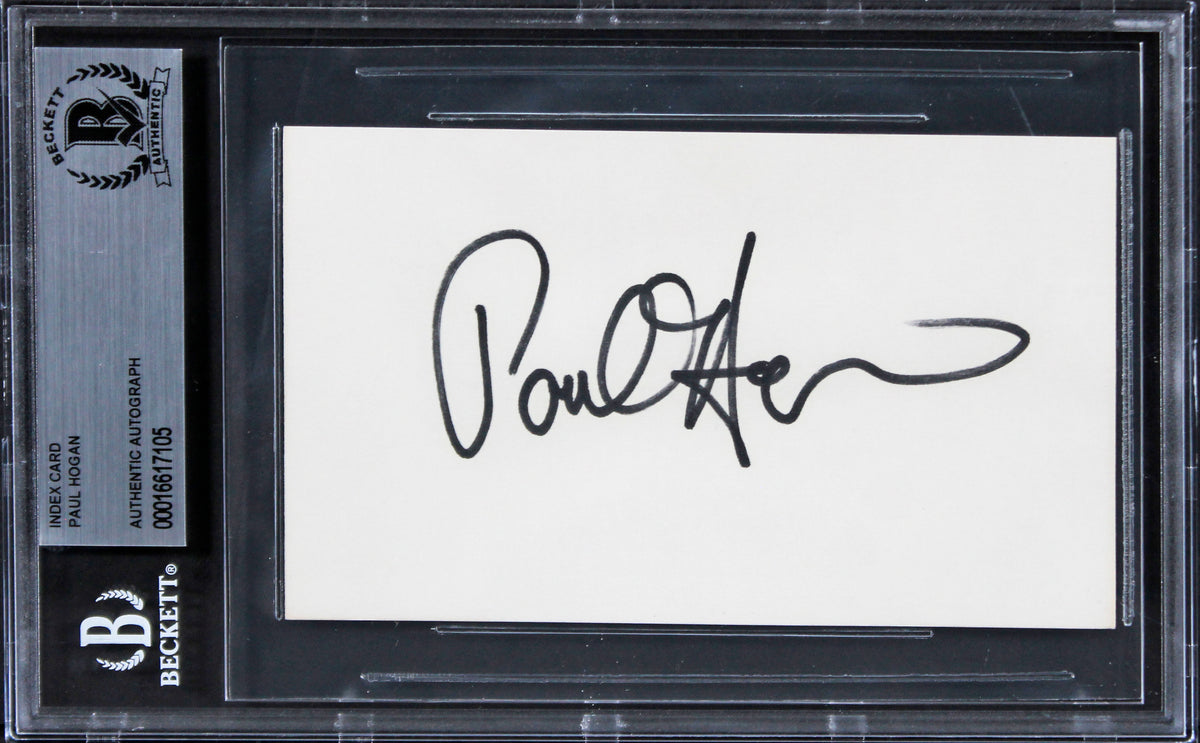 Paul Hogan Crocodile Dundee Authentic Signed 3x5 Index Card BAS Slabbed 1