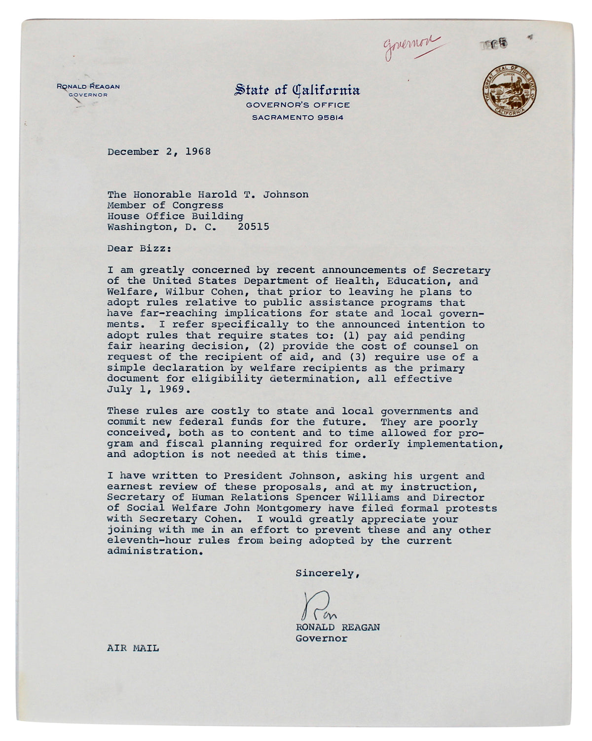 Ronald Reagan Signed 8.5x11 1968 Letter On Governor's Office Letterhead JSA