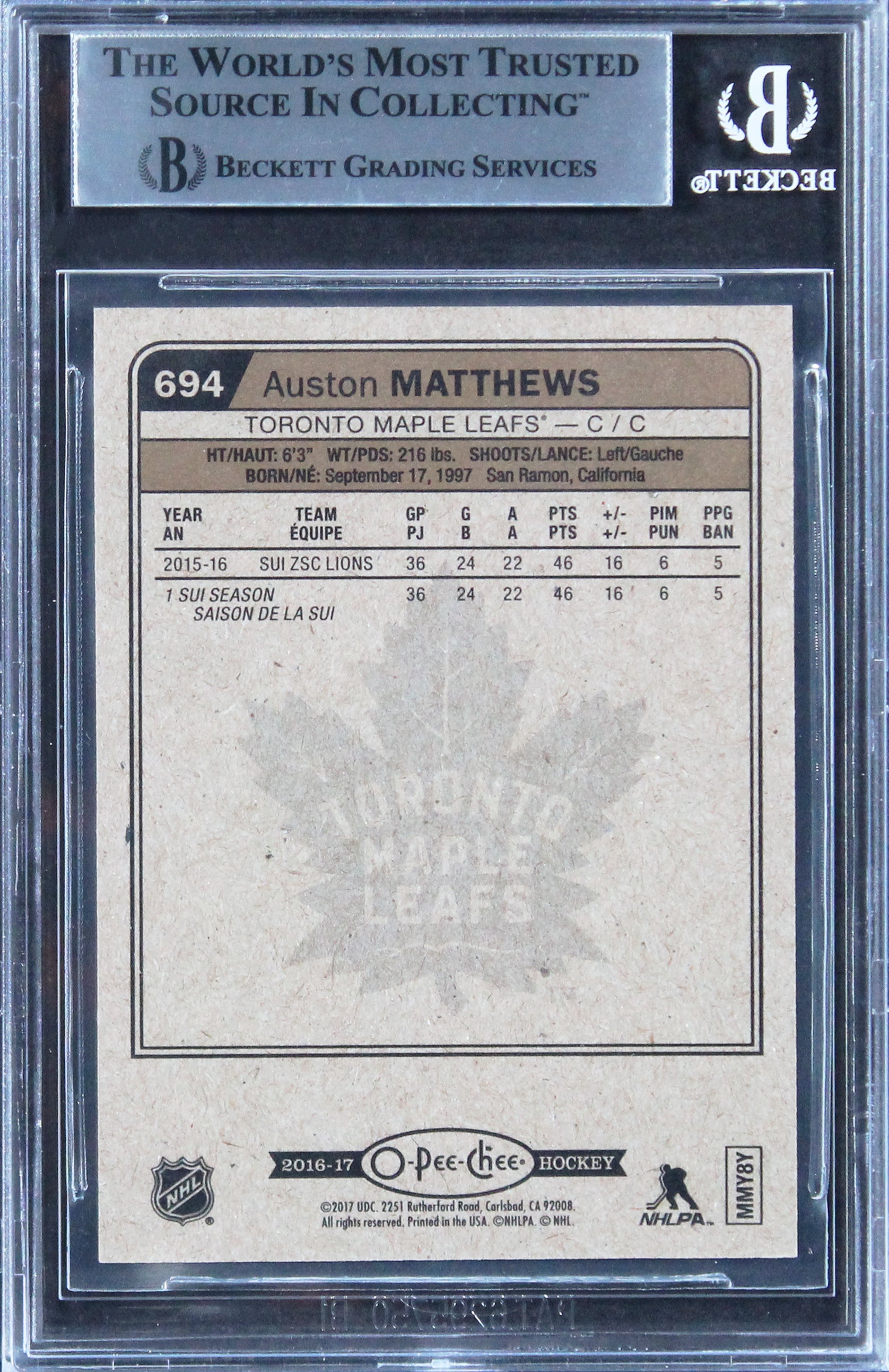 Maple Leafs Auston Matthews Signed 2016 O-Pee-Chee #694 Rookie Card BAS Slabbed