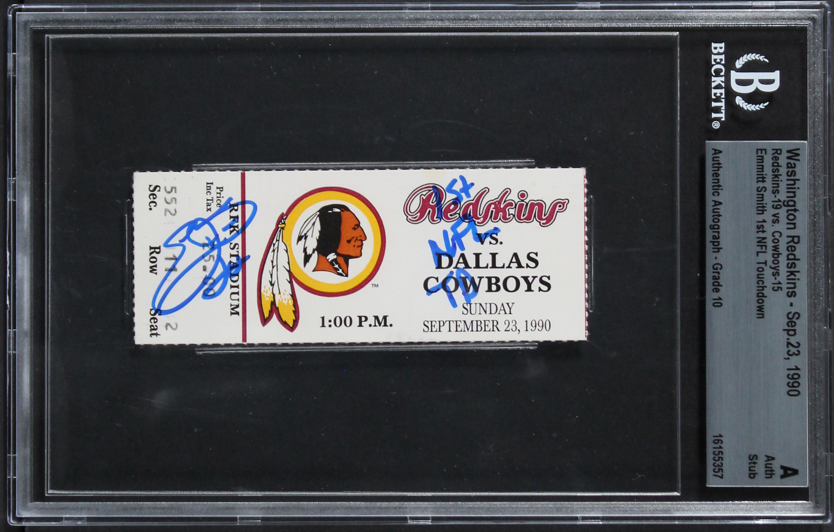 Cowboys Emmitt Smith "1st NFL TD" Signed 9/23/90 Ticket Auto 10! BAS Slabbed