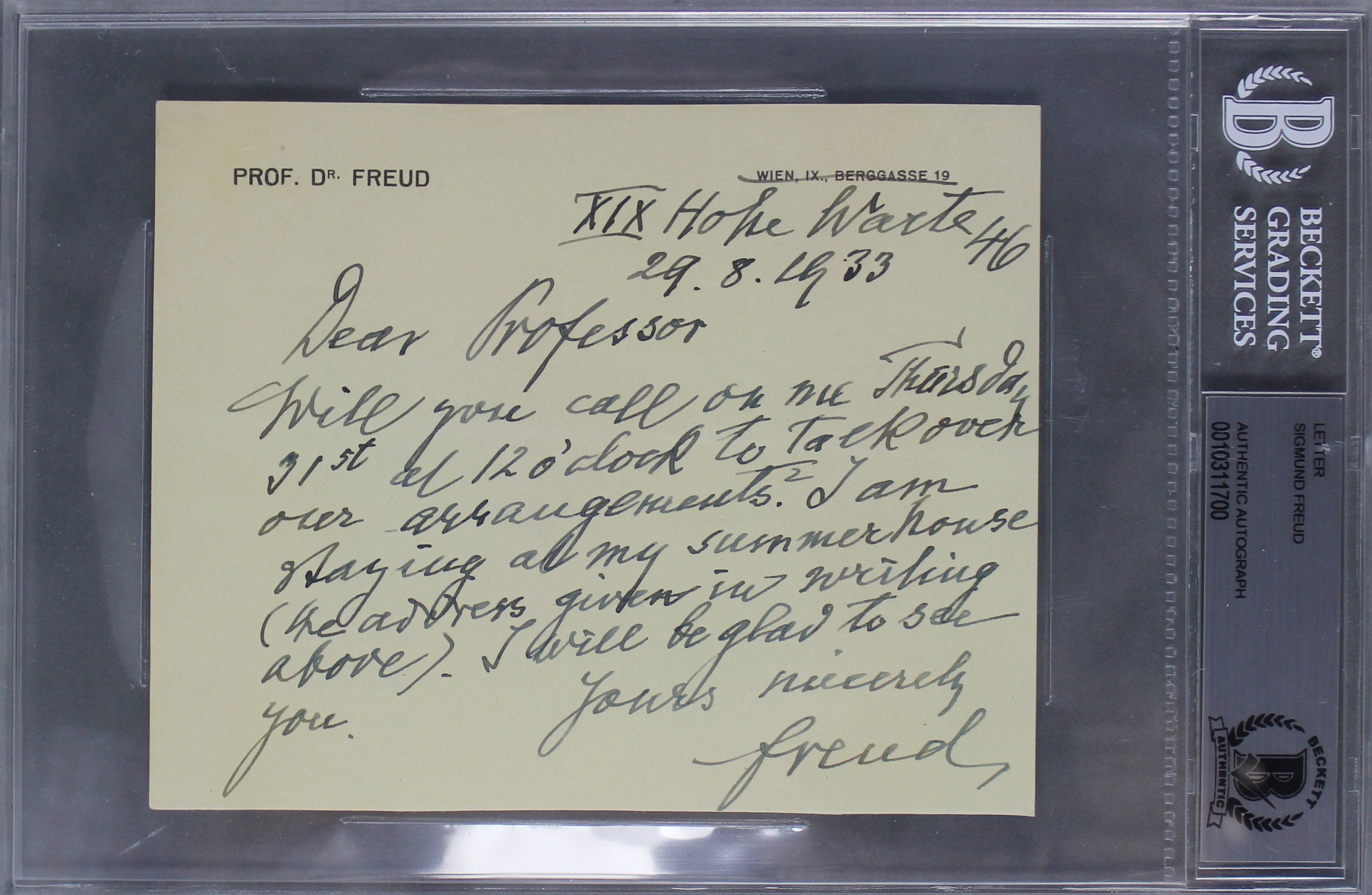 Sigmund Freud Authentic Signed & Framed 4.5x5.75 Letter Dated August 29 1933 BAS