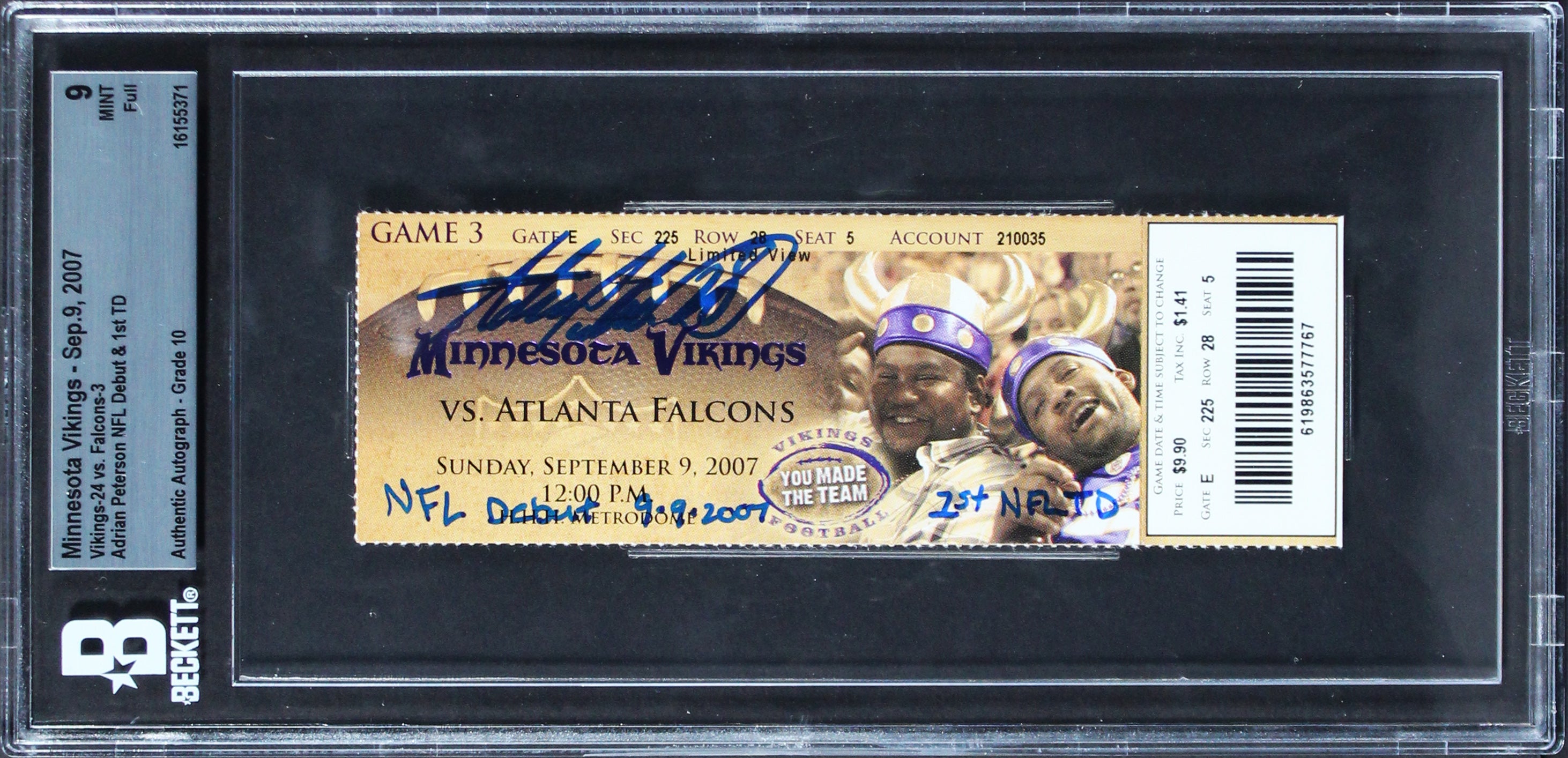 Vikings Adrian Peterson "2x Insc" Signed 9/9/07 Full Ticket  9, Auto 10 BAS Slab