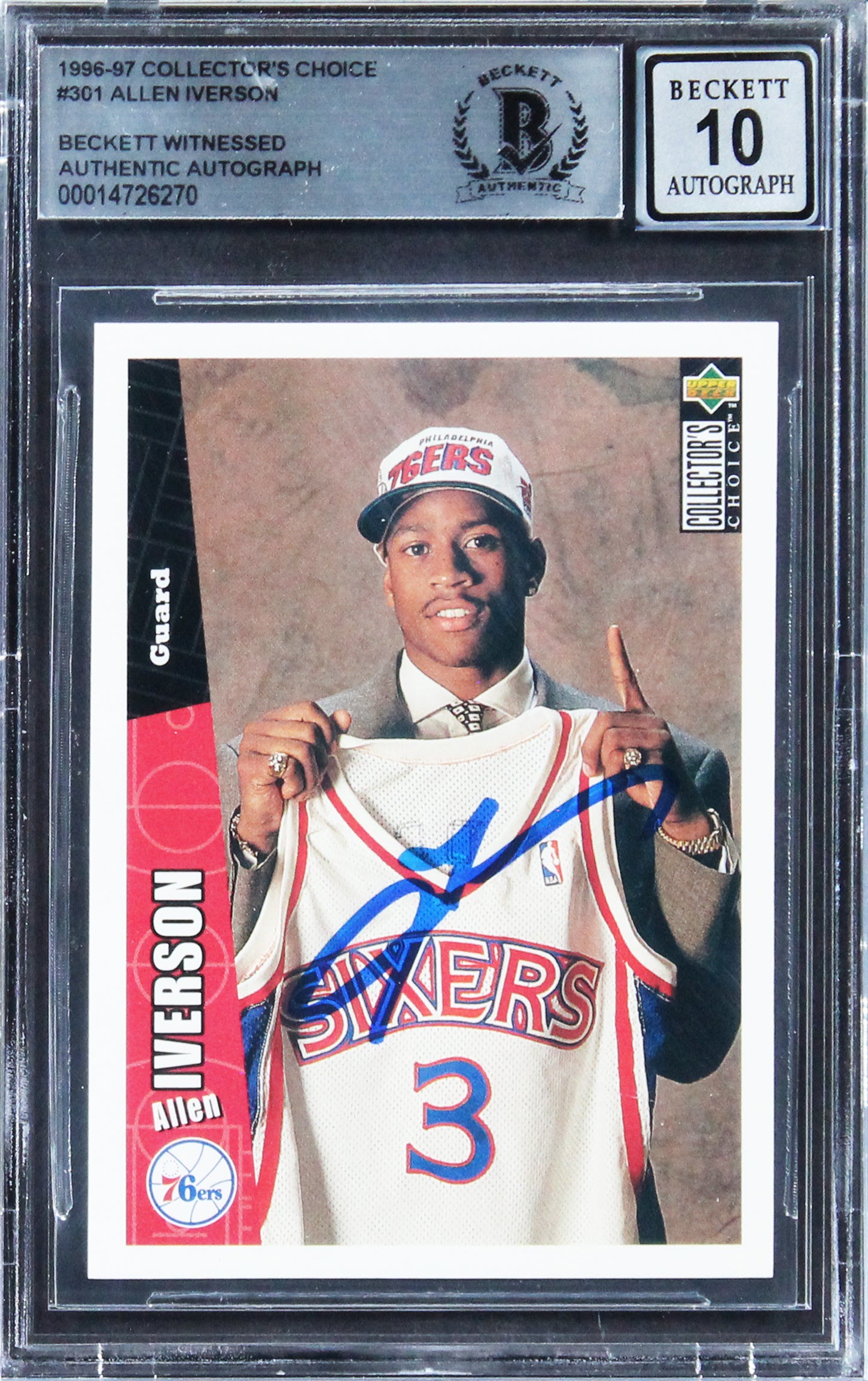 76ers Allen Iverson Signed 1996 Collector's Choice #301 RC Auto 10! BAS Slabbed