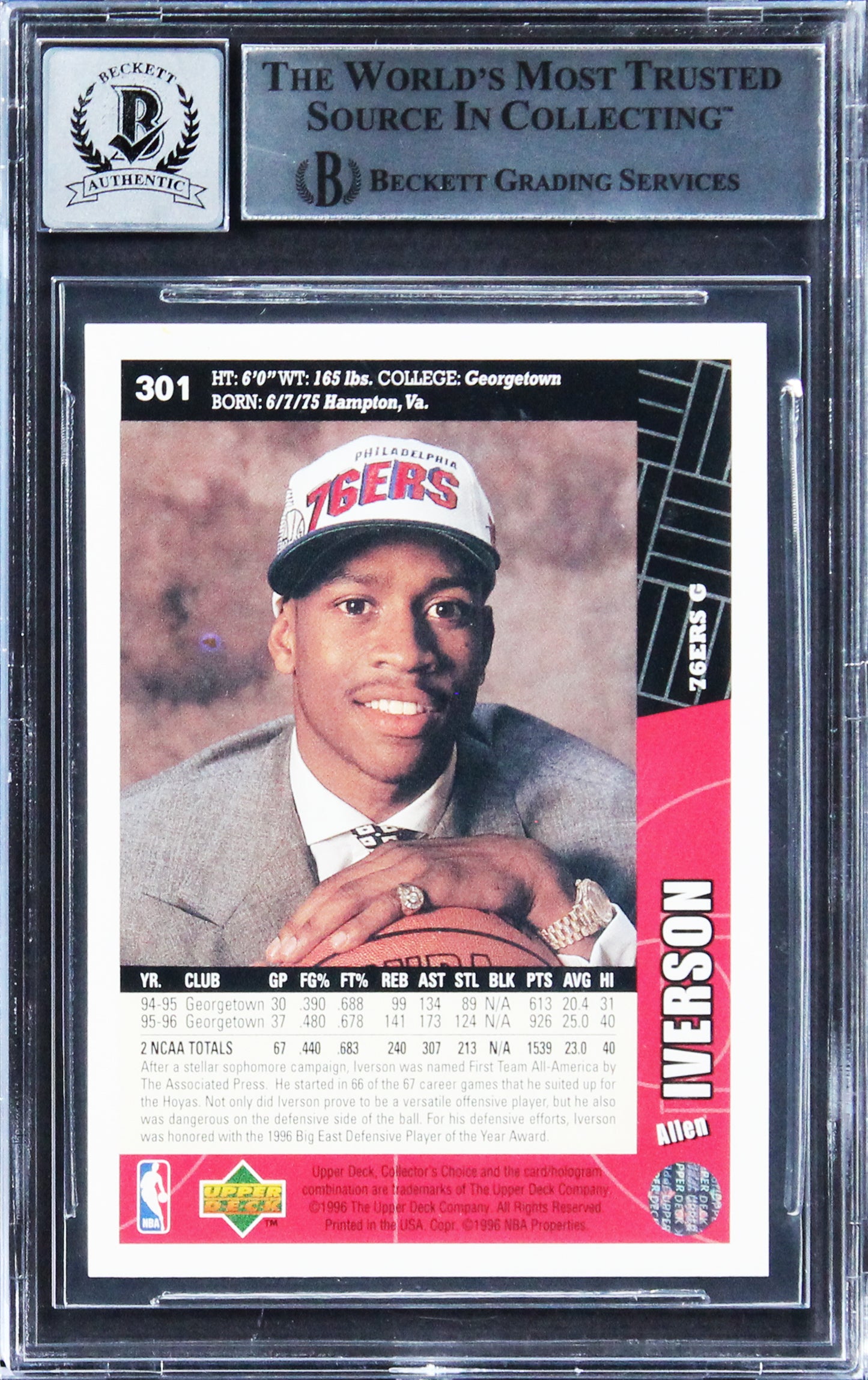 76ers Allen Iverson Signed 1996 Collector's Choice #301 RC Auto 10! BAS Slabbed