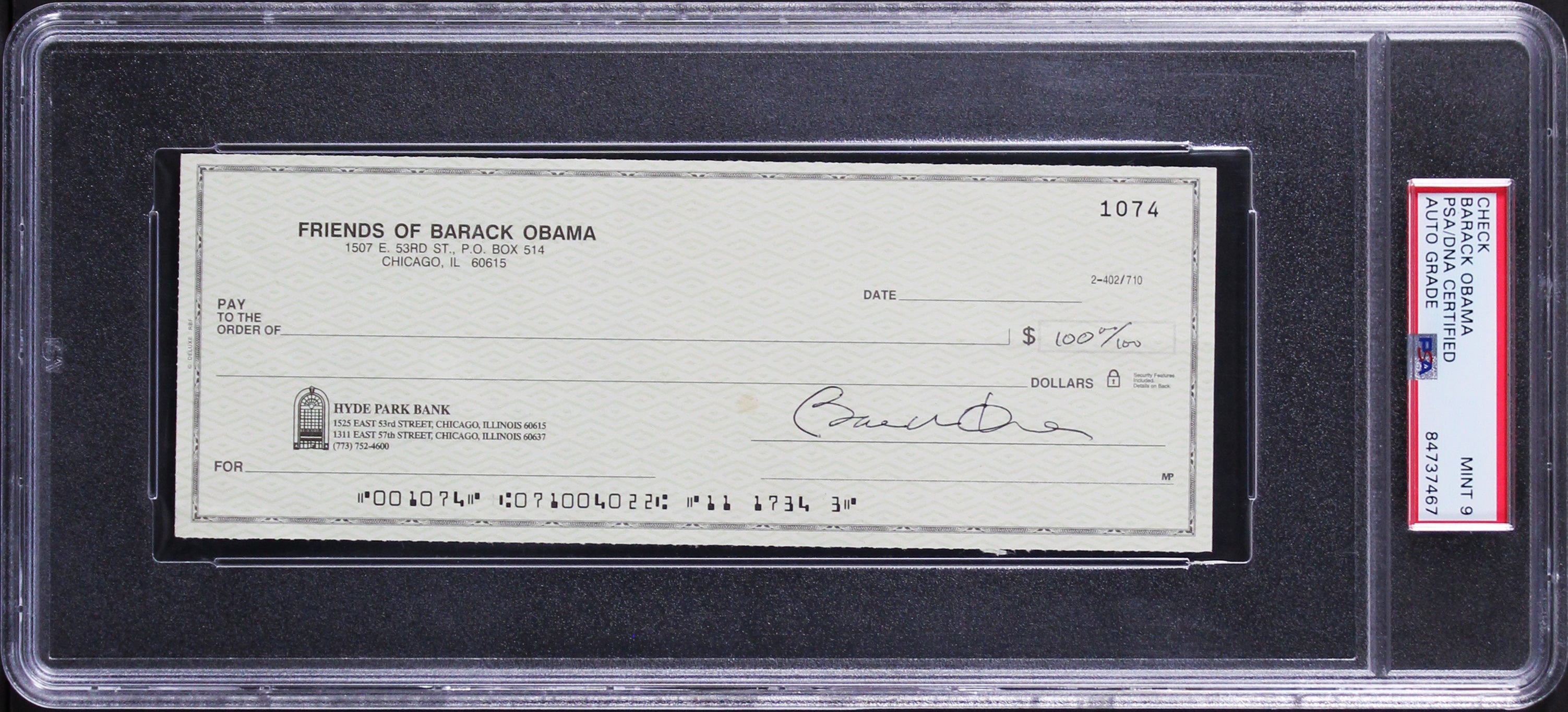 Barack Obama Authentic Signed 3x8 Check Auto Graded Mint 9! PSA/DNA Slabbed