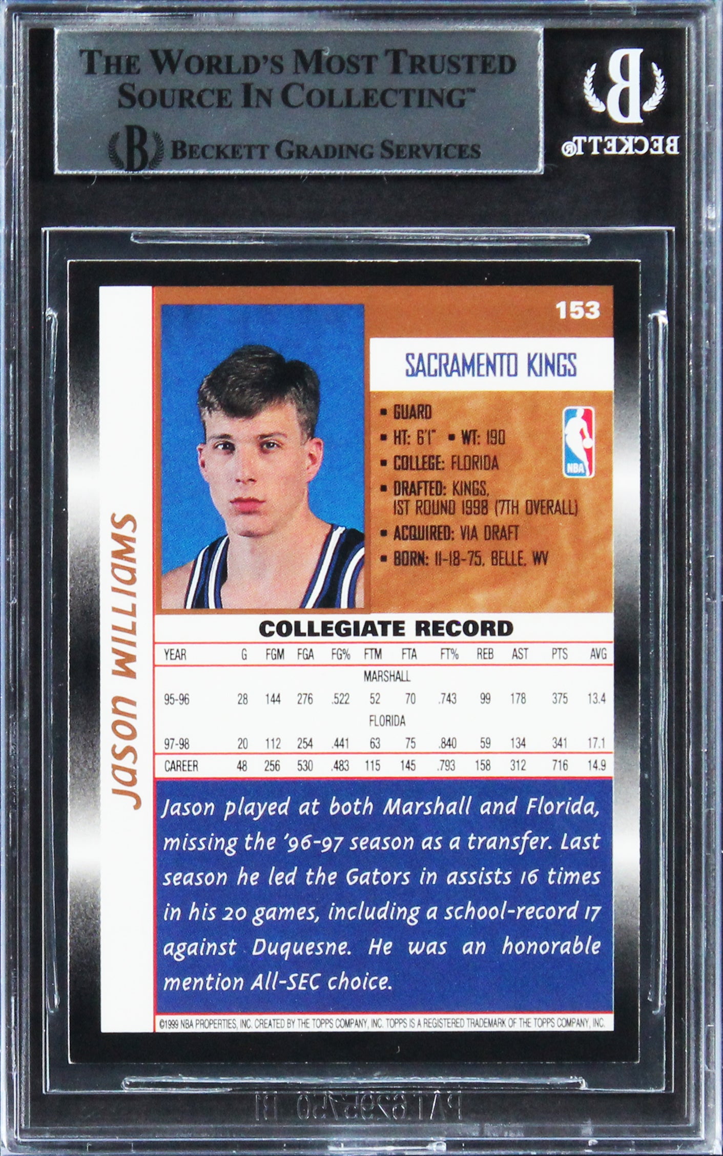 Kings Jason Williams Authentic Signed 1998 Topps #153 Rookie Card BAS Slabbed