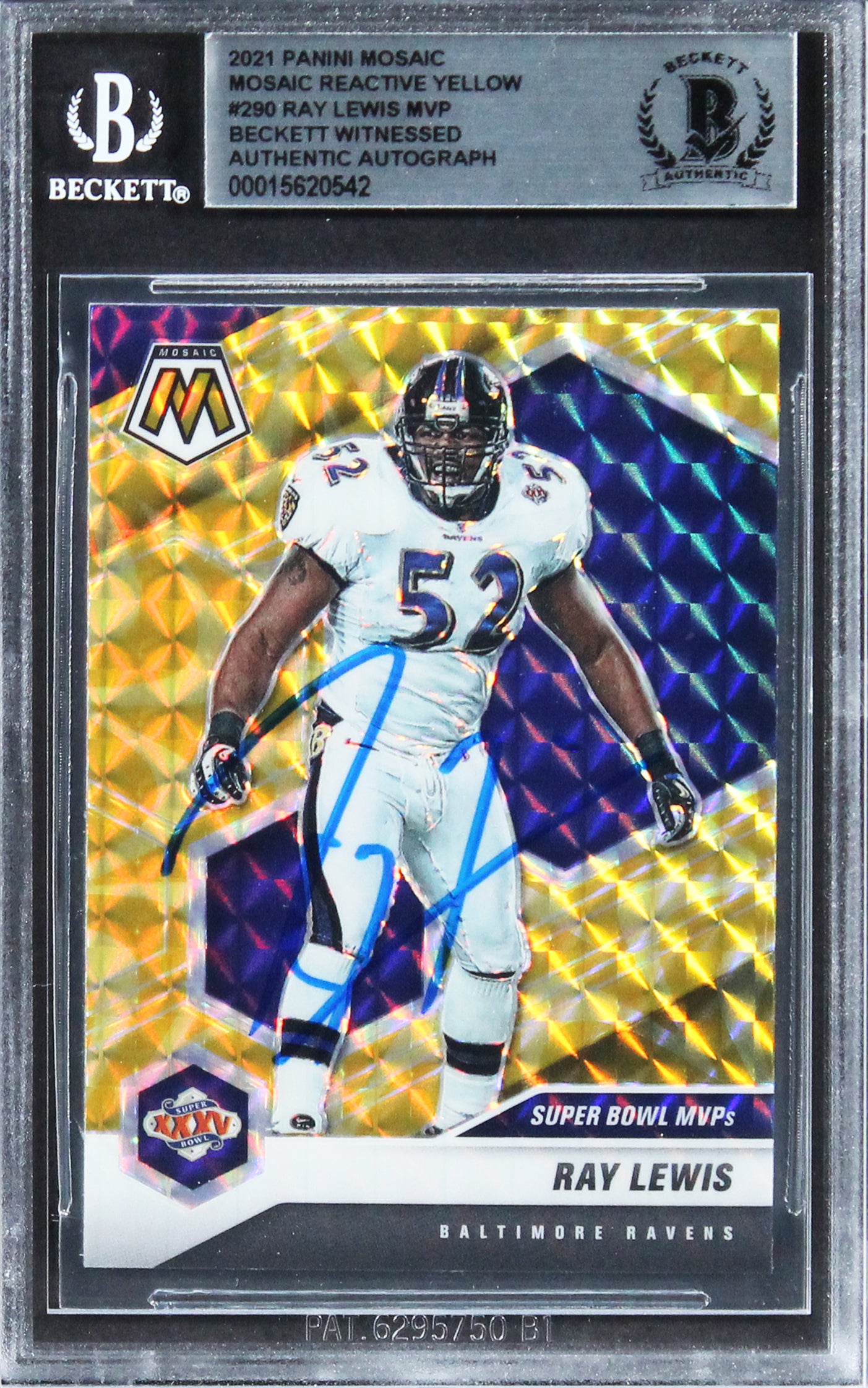 Ravens Ray Lewis Authentic Signed 2021 Panini Mosaic Yellow #290 Card BAS Slab