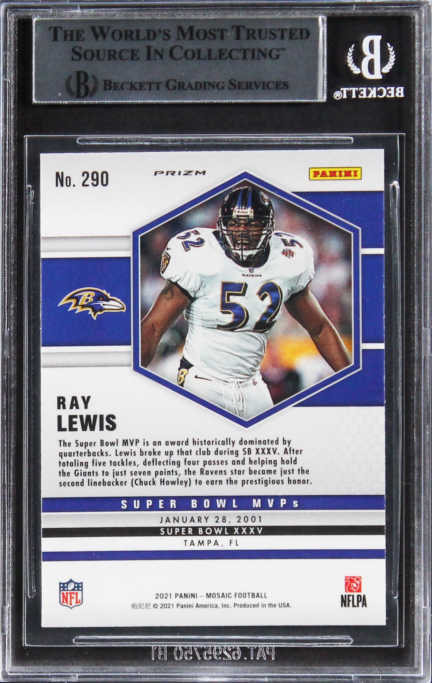 Ravens Ray Lewis Authentic Signed 2021 Panini Mosaic Yellow #290 Card BAS Slab
